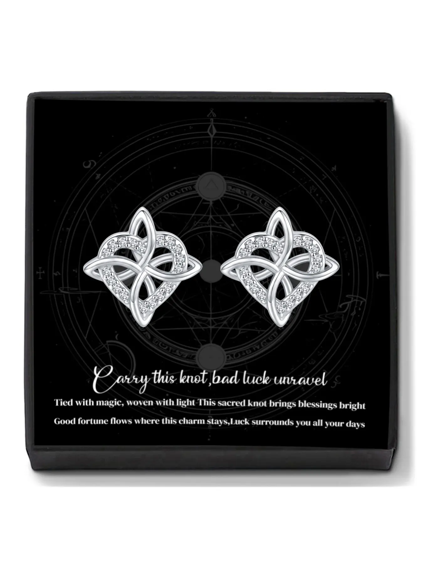 Witches Knot Heart Stud Earrings With Blessed Message Card, Good Luck Irish Celtic Earrings, Protection Jewelry Birthday Gift for Women