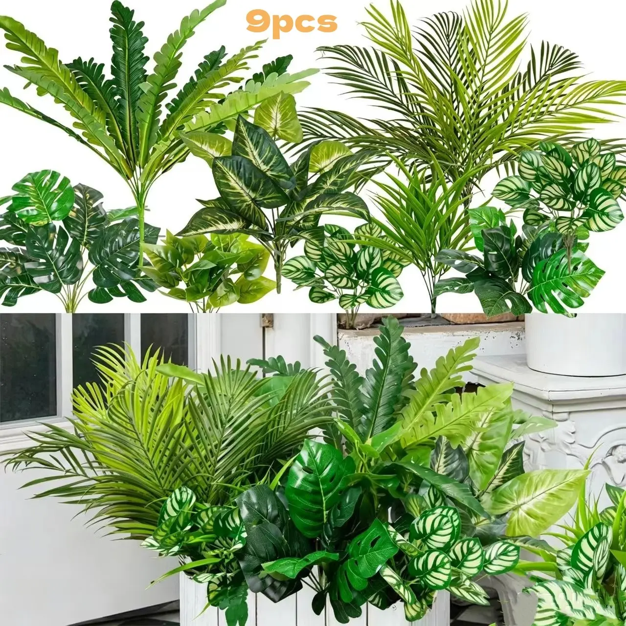 9-piece artificial plants, Set, home decoration, UV-resistant, realistic touch fake greenery flower ornaments, plastic shrubs, suitable for indoor and outdoor use, ideal gift for moving decoration, porch, garden, artificial flowers