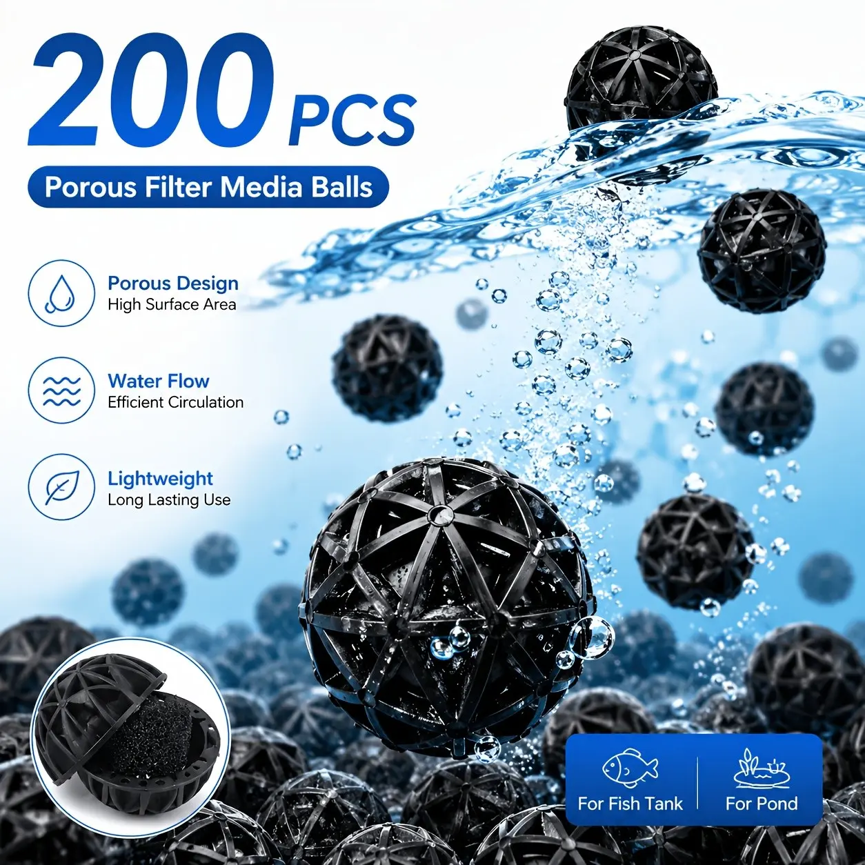 200-Pack Aquarium Biofilter Balls, Porous Filter Media, High-Efficiency Bacterial Cultivation, Suitable for Fish Tanks and Ponds, Aquarium Accessories