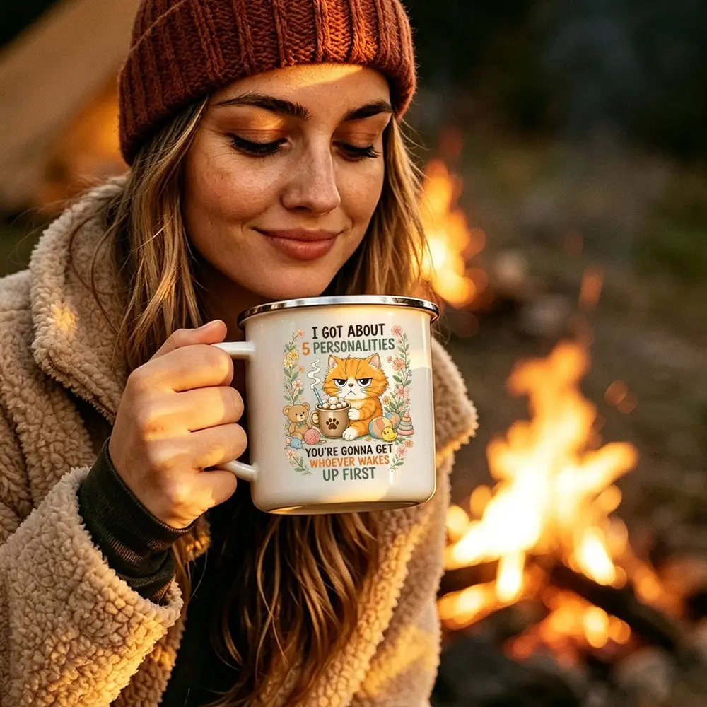 12oz Retro Camping Enamel Mug Portable Outdoor Travel Coffee Water Cup Durable Camp Drinkware Home Decoration Gift for Van Life RV Camping Lovers Hiking Backpacking Road Trip Backyard Camping Cup