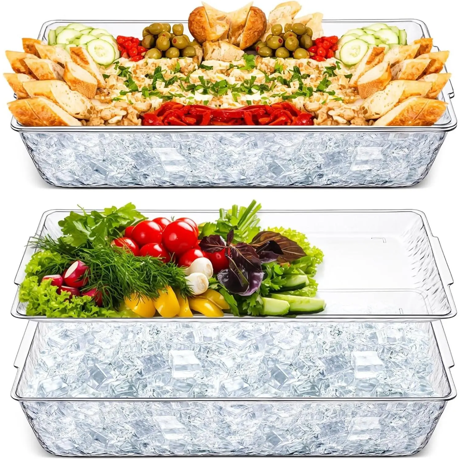 2 Set 16" x 9" Plastic Chilled Serving Tray for Parties with Compartments Ice Chilled Party Platter Charcuterie Serving Board Cold Dish Dip for Fruit Seafood Vegetable Appetizer (Clear)
