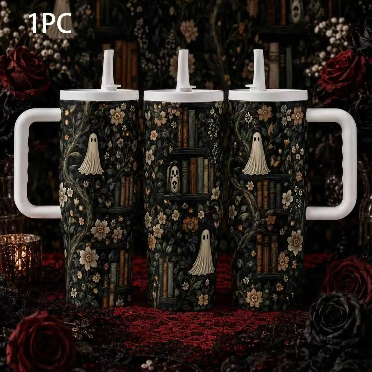 Halloween Ghost Library 40oz Tumbler, Dark Floral Gothic Cup with Handle Lid Straw, Spooky Travel Mug Gift, Insulated Stainless Steel Drinkware