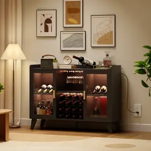 Modern LED Bar Cabinet with Glass Doors, 16-Grid Wine Rack & Glass Holder, 47-Inch Wood Buffet Sideboard & Wine Credenza, Liquor Cabinet for Kitchen, Home Bar, Living Room, Black