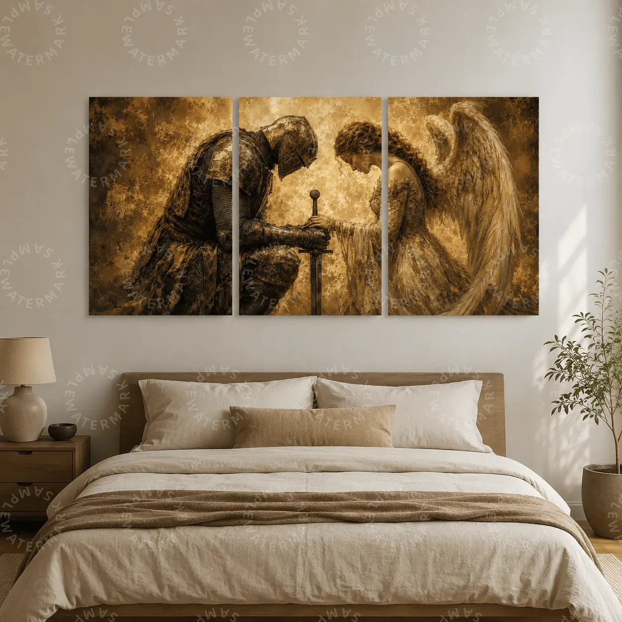 Vintage Knight & Angel Triptych Wall Art Canvas Print, Romantic Medieval Fantasy Aesthetic Poster, Sepia Gold Bedroom Wall Decor, Living Room Office Wall Art, Gothic Angel Wings Art
