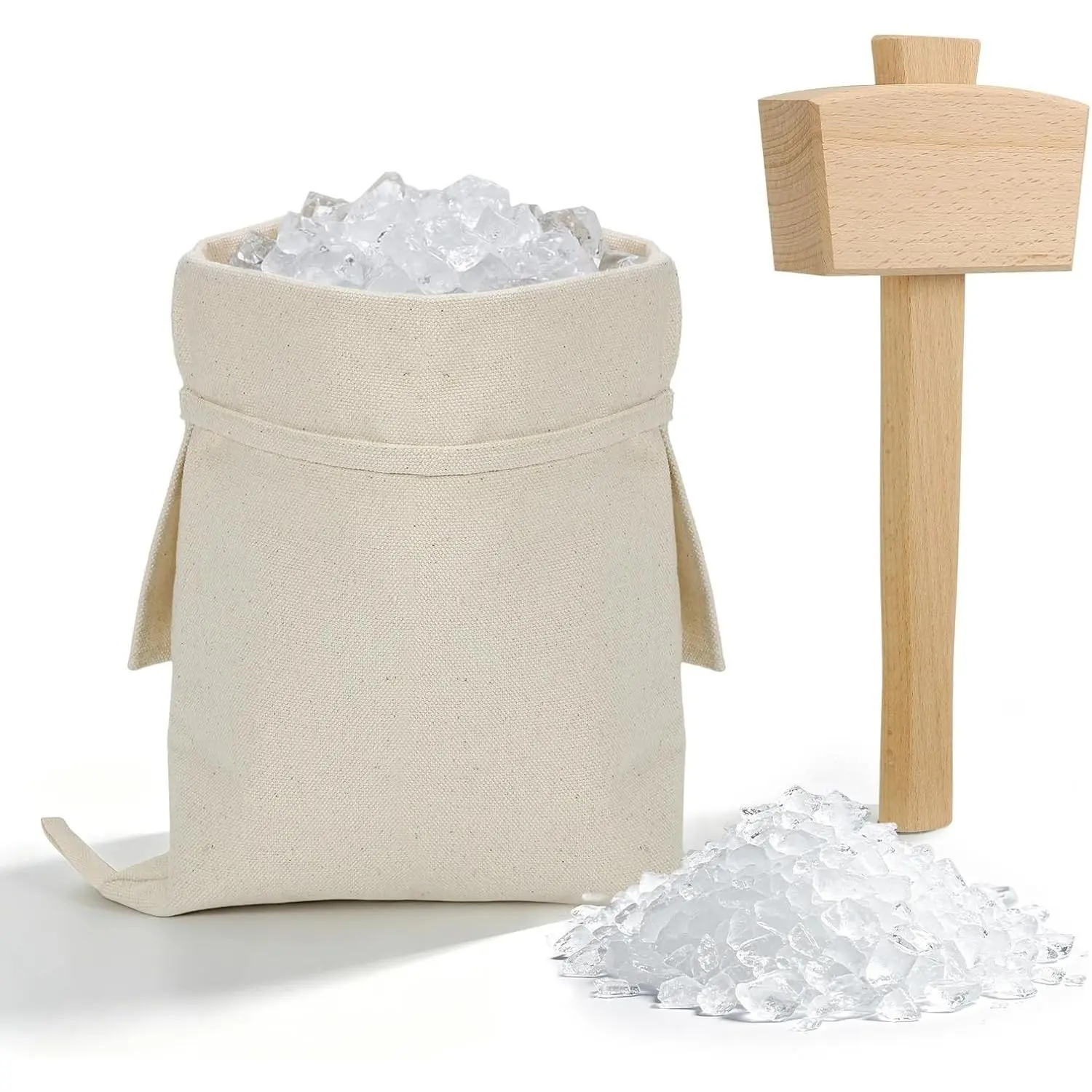 Professional Ice Bag with Mallet Set,16.5 × 8.7 In Reusable Canvas Ice Crusher Bag with Wooden Mallet for Home Kitchen Bar Party Ice Crushing