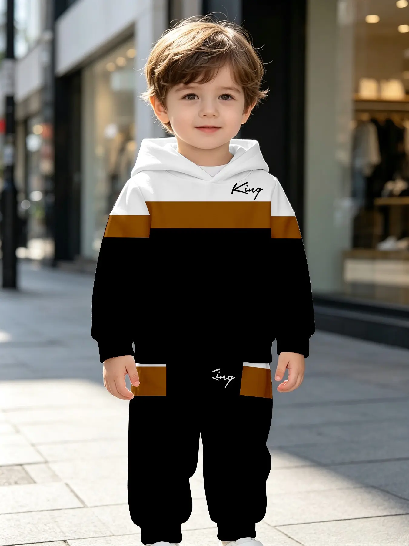 Boys' Casual Fitted All over Print Two-Piece Set, Fall & Winter King Signature Hoodie and Pants, Perfect for Parties and Gifts
