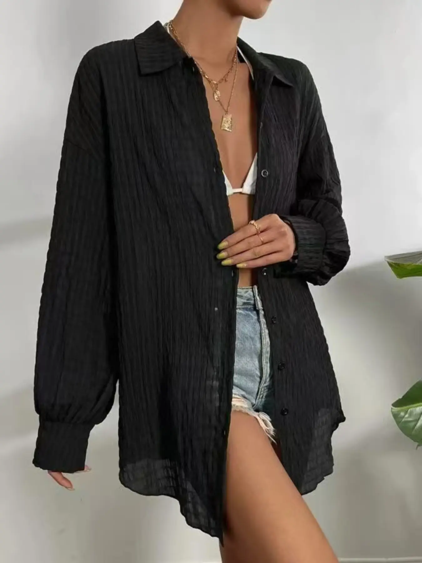 Women's Loose Sun Protection Shirt, Long Sleeve over Butt Lazy Casual Style, Breathable Open Front Beach Resort Top, Textured Pleated Design
