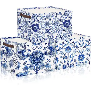 Geelin 3 Pack Blue and White Chinoiserie Storage Baskets, Large Foldable Decorative Storage Bins with Handles, Blue Floral Canvas Organizer Boxes for Closet Shelf Nursery Bedroom Home Organization