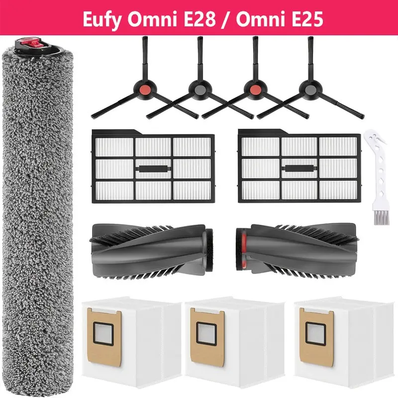 13 Piece Robot Vacuum Accessories for Eufy Omni E28/E25, Includes Main Brushes, Side Brushes, Dust Pouches, Roller Cloth, Filters, Cleaning Tool