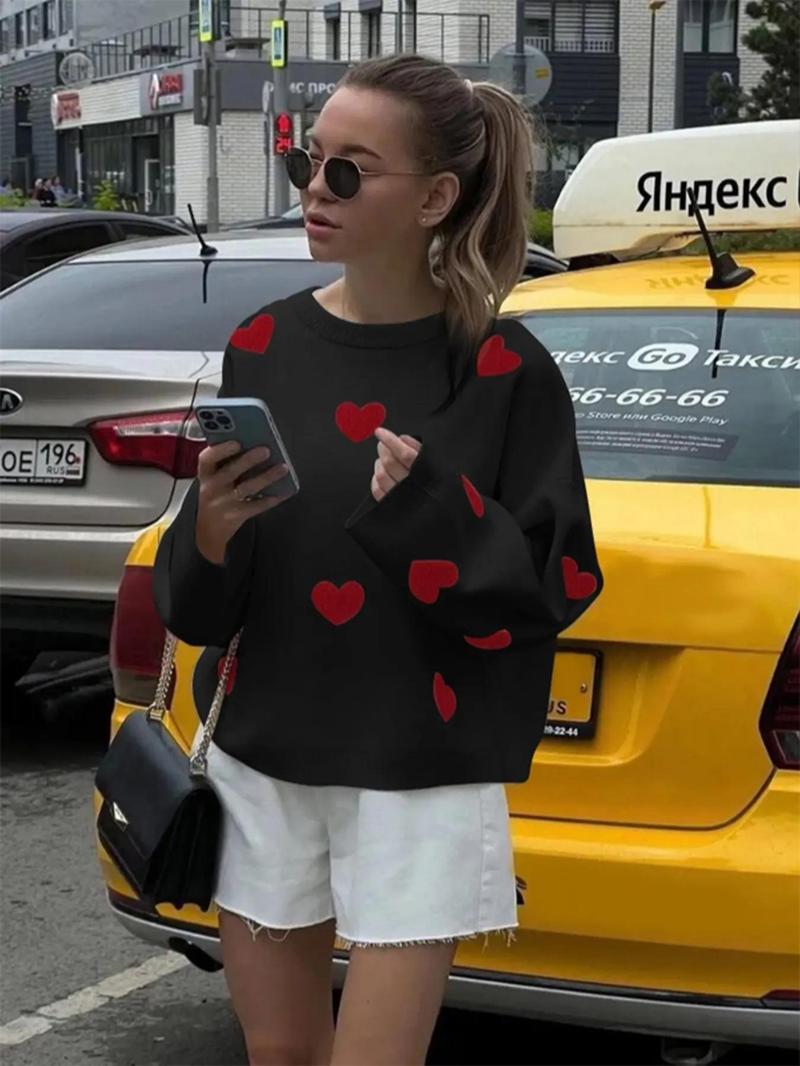 Women's Loose Fit Heart Pattern Drop Shoulder Sweater, Casual Long Sleeve Round Neck Knit Top for Spring & Fall, Fashion Ladies' Knitwear for Daily Wear