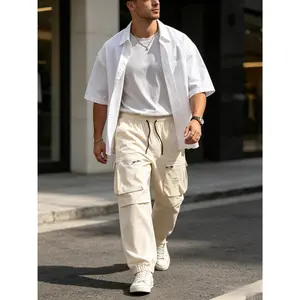 Men’s Cream White Zipper Cargo Joggers, Loose Straight Leg Elastic Cuff Pants, Y2K Streetwear Baggy Fit, Summer Outfit Essential, Campus Look, Travel Ready, Viral TikTok Style, Clean Fit