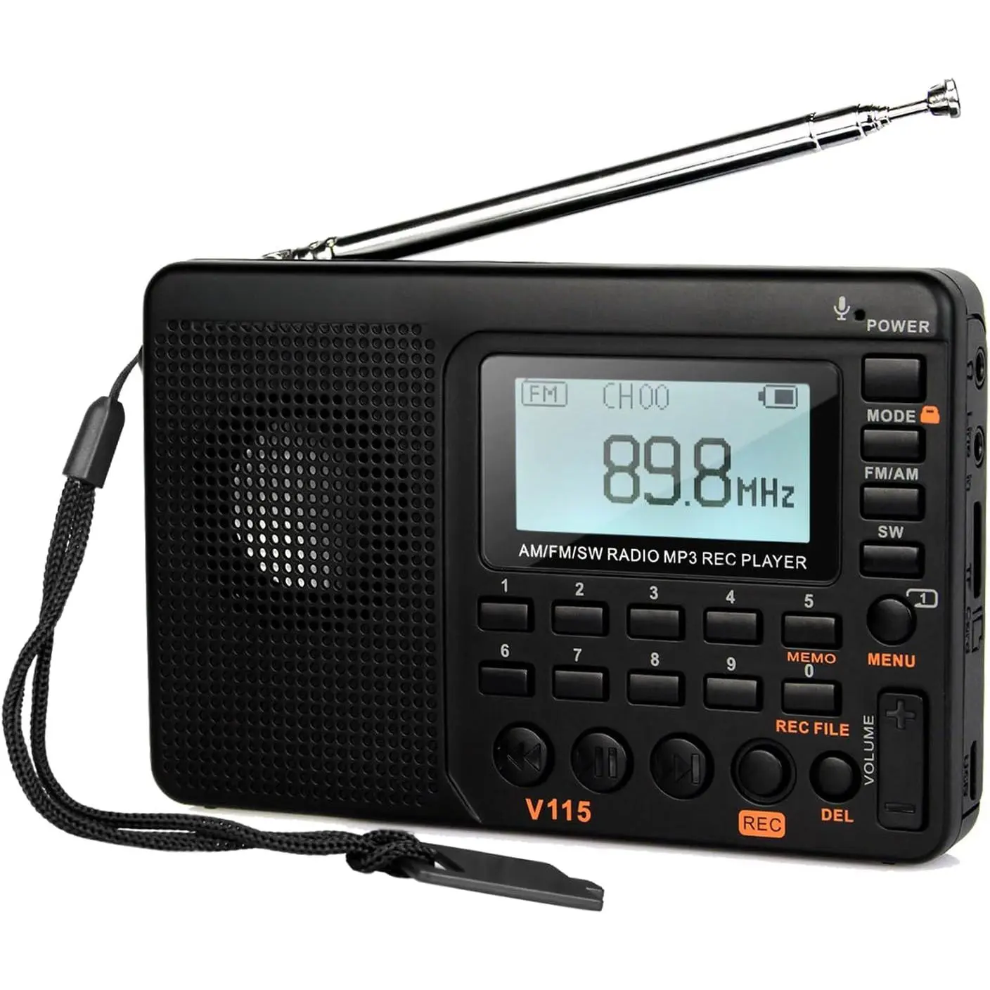 V115 Shortwave Radio, Digital Radio AM FM, Shortwave Receiver with 1000mAh Rechargeable Battery, Presets, TF/AUX Playback and Recording, Bass Speaker, for Camping