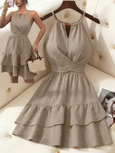 1 Piece Women Halter Neck Mini Dress Sleeveless Keyhole Front Wrap Bust Self Tie Waist Double Tier Ruffle Skirt Loose Flow Silhouette Cute Casual Vacation Beach Daily Going Out Fashion Short Sundress For Ladies Summer Travel Coffee Date Wear No Pockets