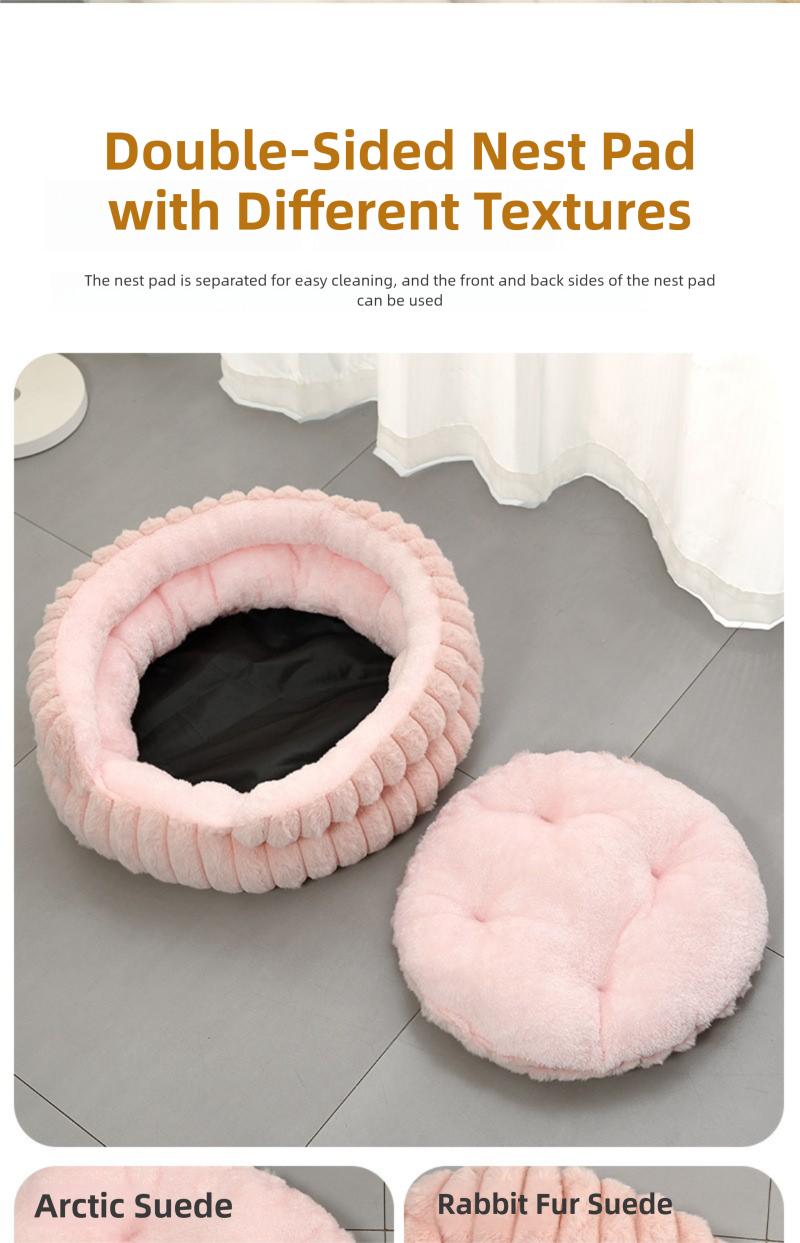 Fluffy Rabbit Fur Round Pet Bed – Quilted Donut Cushion for Cats & Dogs, Thickened Anti-Slip Mat, Small Medium Large Sizes