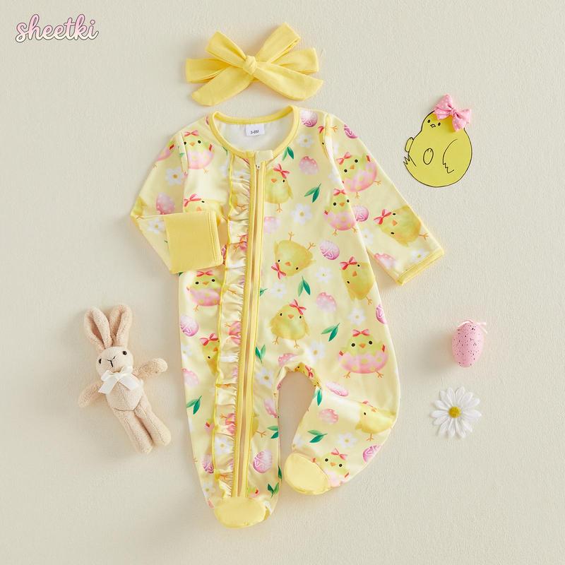 Newborn Baby Girl Easter Outfit Chick Egg Floral Long Sleeve Zip-up Footed Jumpsuit with Headband 2 Piece Spring Set