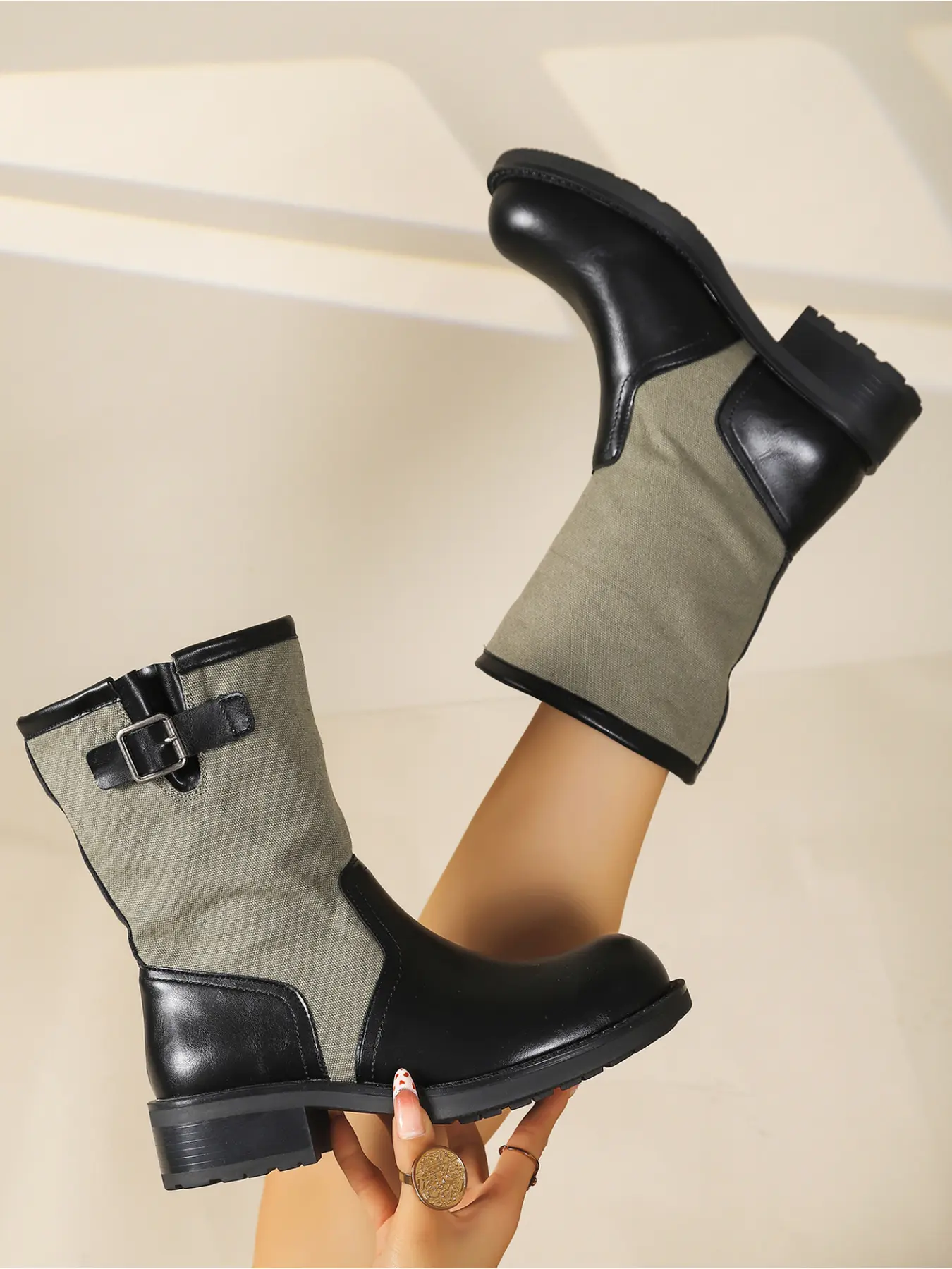 Ladies Color Block Canvas Spliced Buckle Western Ankle Boots Block Heel Round Toe Cowgirl Mid Calf Boots