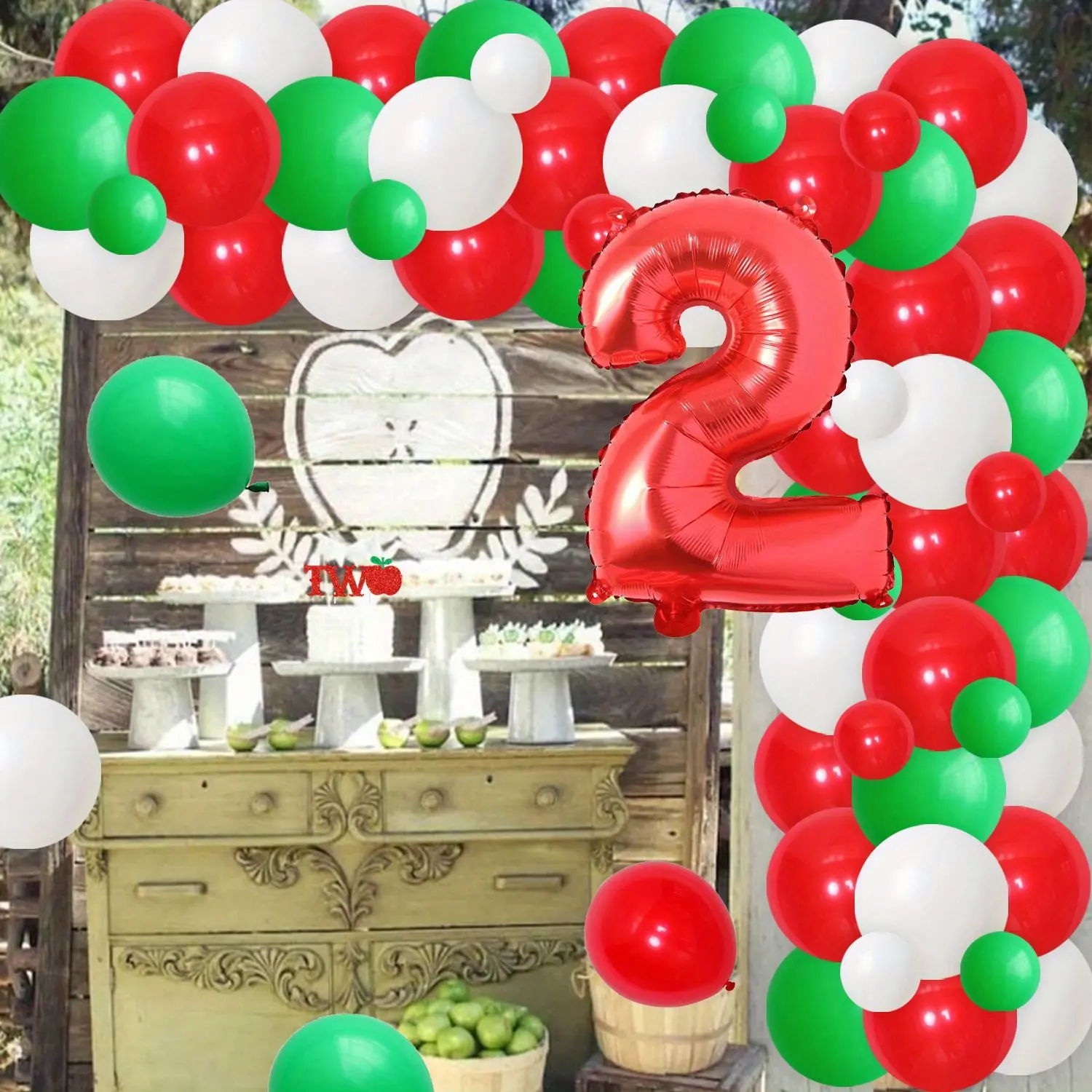 72Pcs Apple Themed 2anniversary Birthday Party Decorations for Boys Girls with the Apple of Our Eye Is Turning Two Backdrop Apple Cake Topper for Baby Shower Photo Prop Fruit Themed Party Supplies