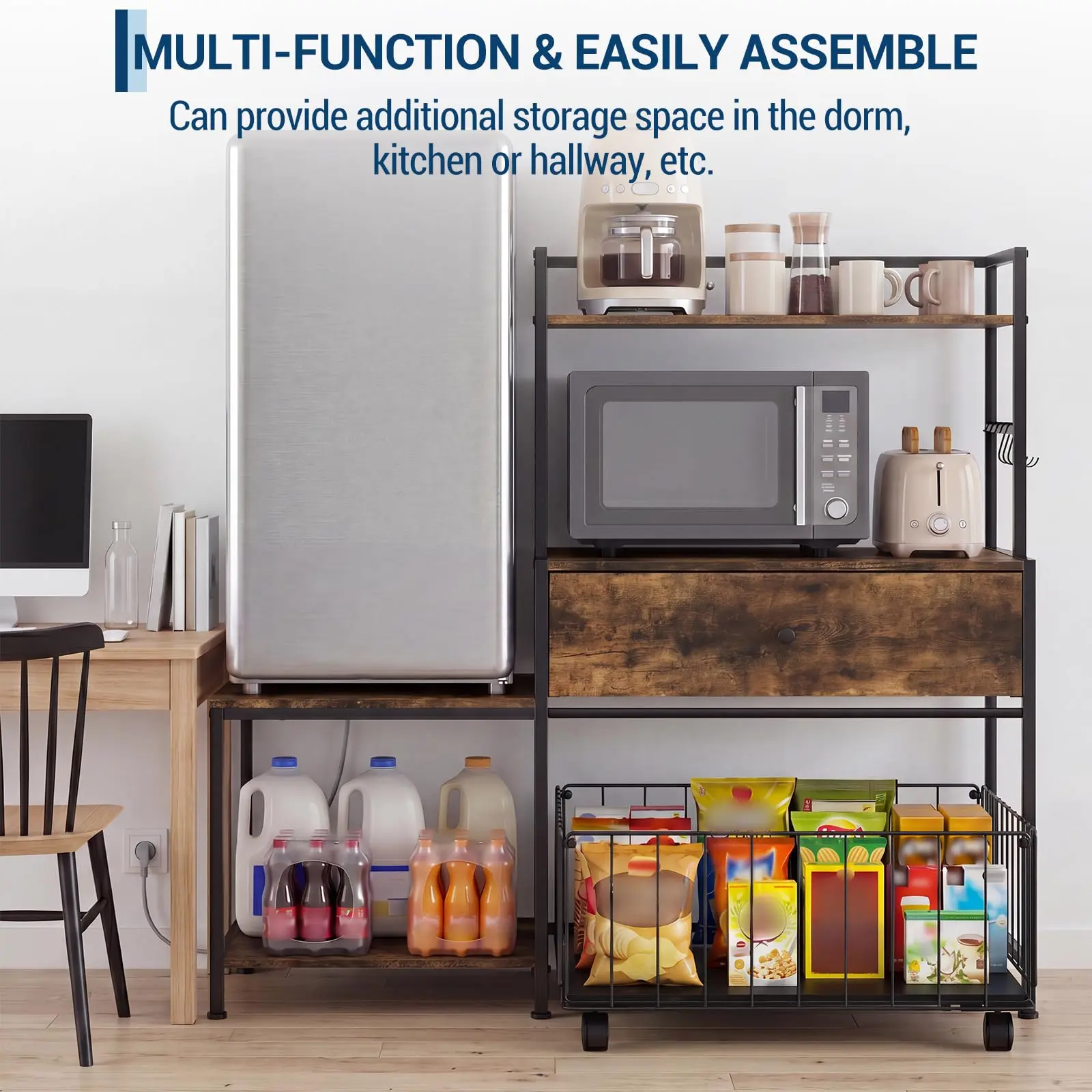 Burnt Brown Baker’s Rack Style Mini Fridge Stand - 35.8 in Kitchen Organizer Shelf with Metal Drawers for Mini Fridge, Microwave, Home Supplies Kitchen Organization Solution