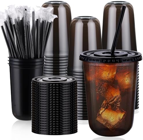Valentine's Day 100 Set 16oz Plastic Cups with Lids and Straws, Disposable Black Clear Iced Coffee Cup with Lid, Round Bottom Plastic To Go Cups for Cold Drinks Slushie Smoothie Halloween Party Shop Supplies