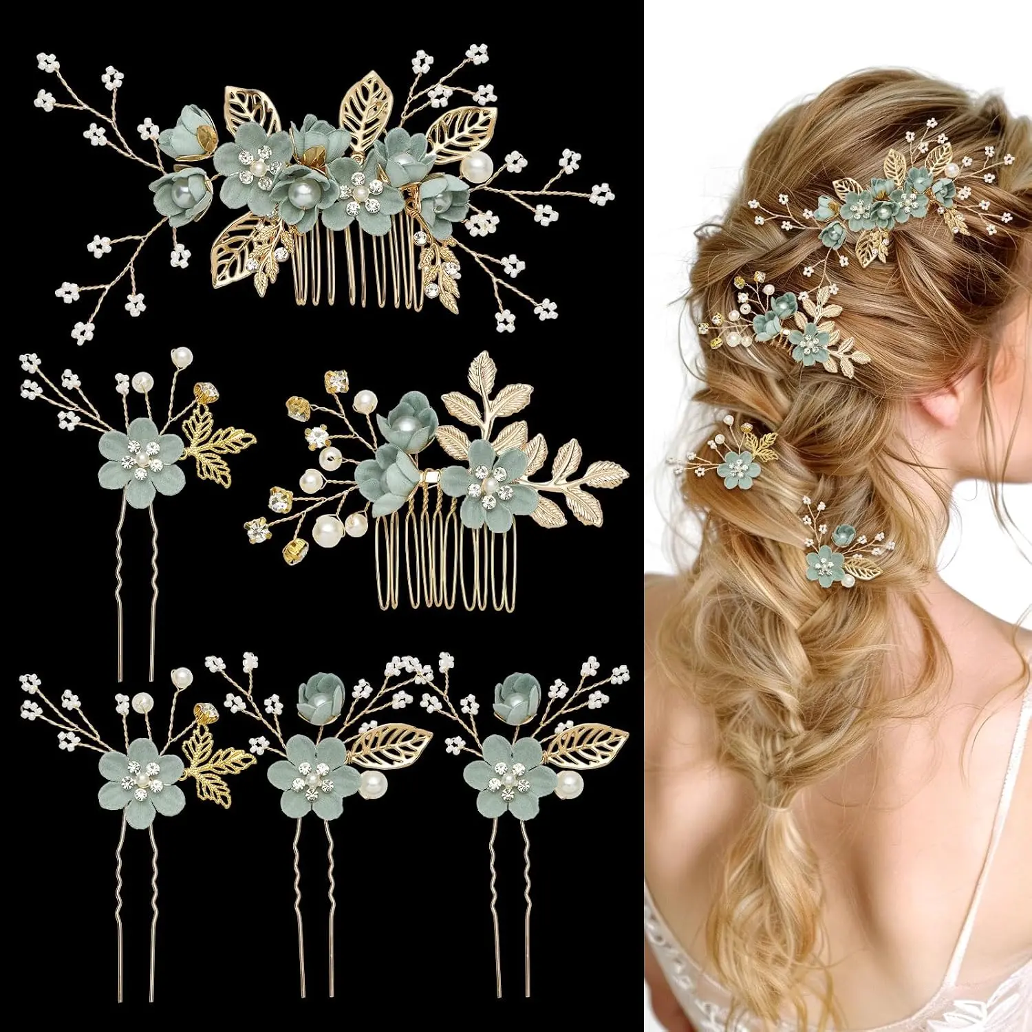 6 count Bridal Hair Accessories  Hair Side Combs and Hair Pins, Wedding  Headpiece with Rhinestone for Brides Bridesmaids Women Girls(Green Flower)
