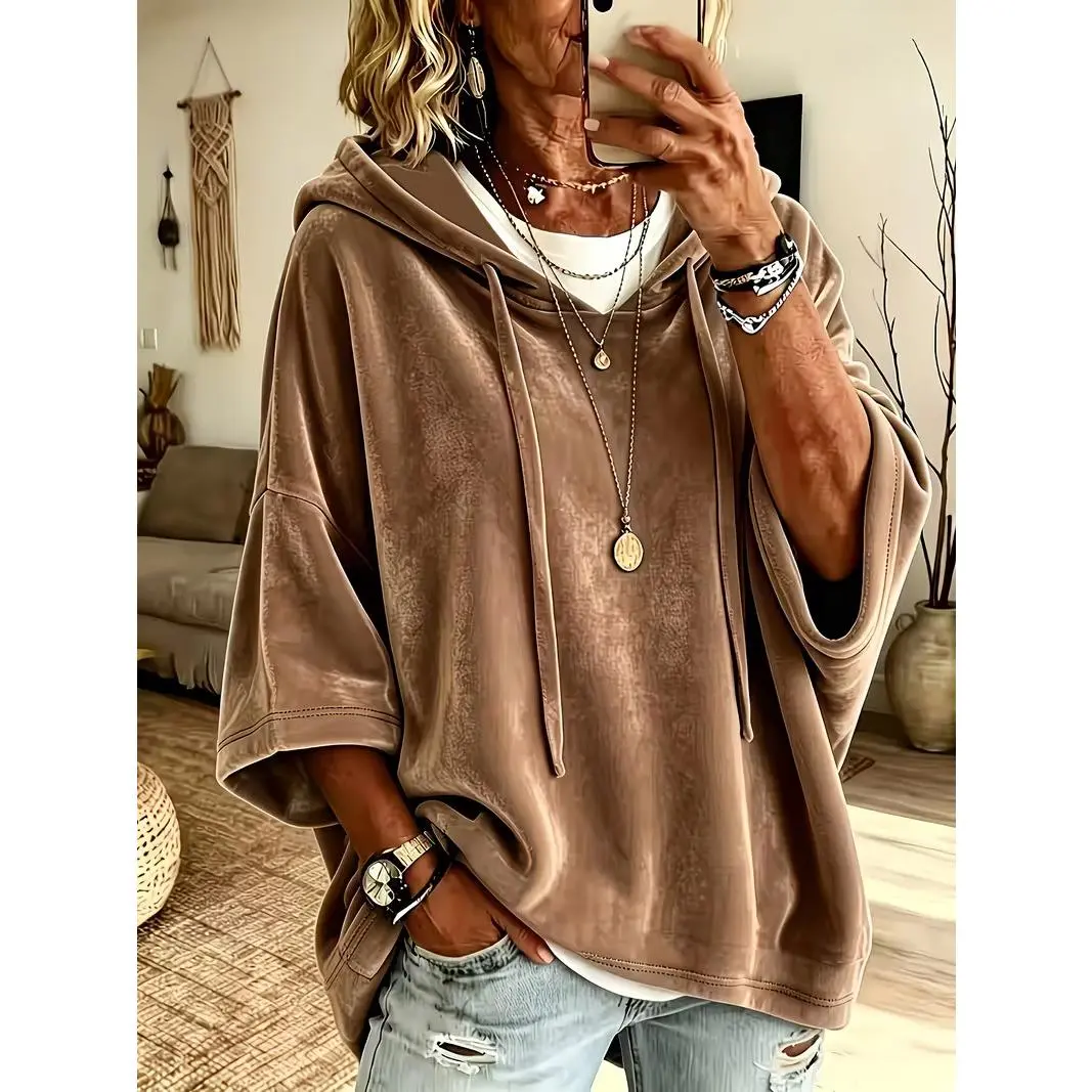 Women's Loose Baggy Oversize Basic Short-Sleeve Fleece Pullover Hooded Drawstring Sweatshirt, Casual Wear Sports Outerwear Top