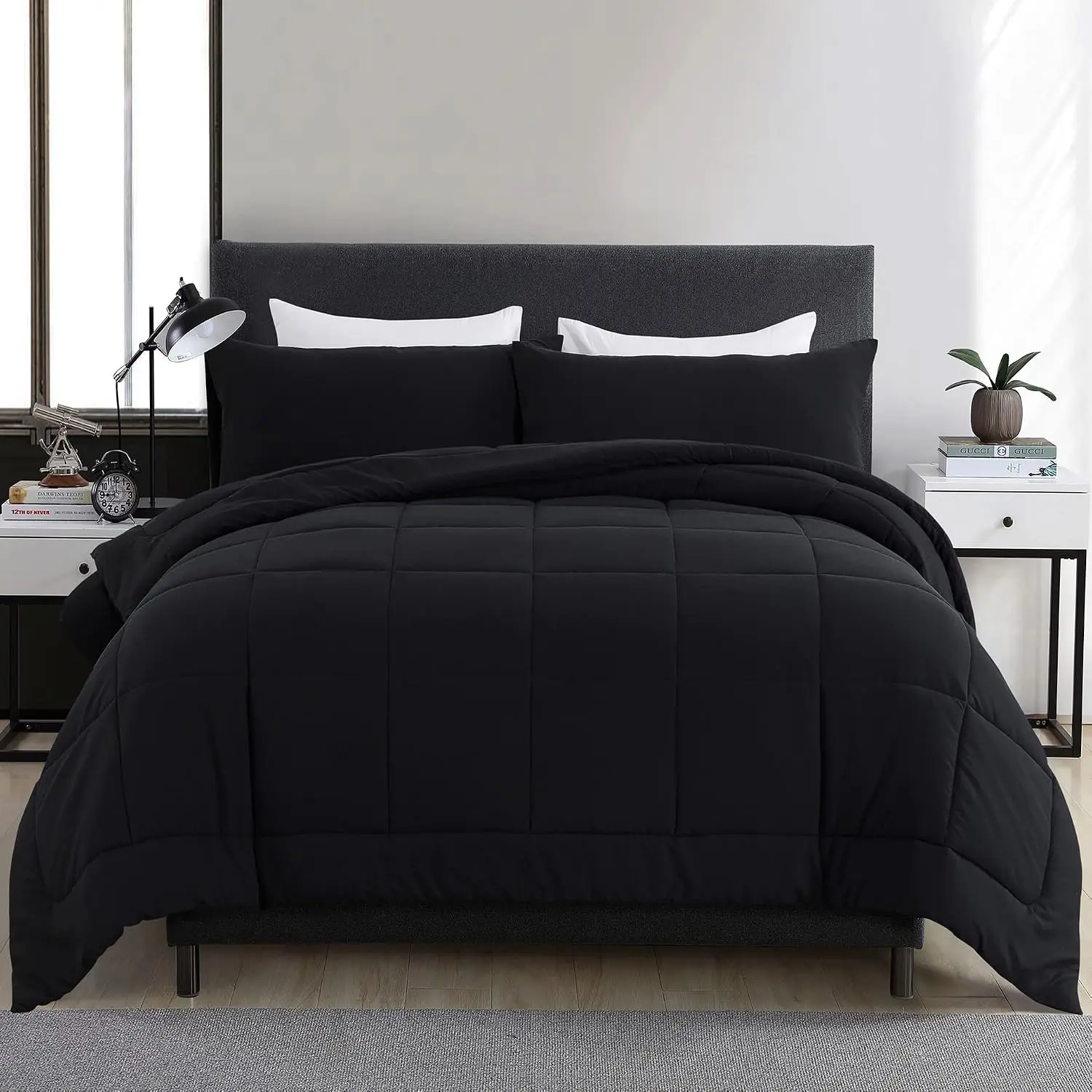 Queen Comforter Set -All Season Queen Bed Set with 2 Pillow Cases-3 Pieces Bedding Sets Queen -Down Alternative Black Queen Size Comforter Sets(88"x92")