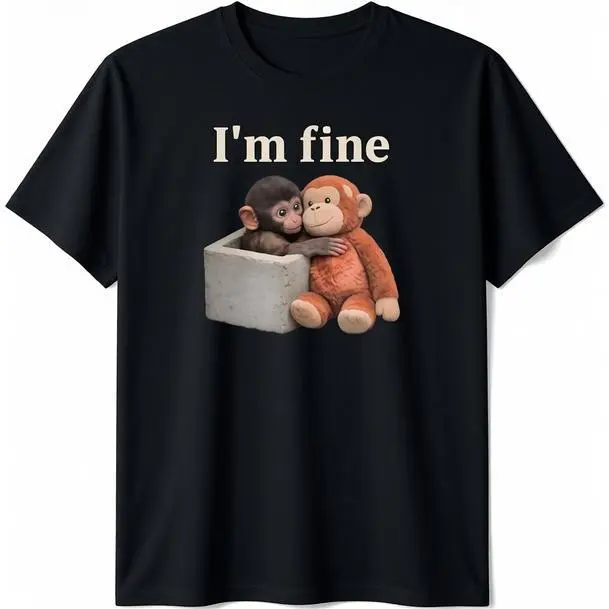 Men's Casual Cotton Short-Sleeve Streetwear T-Shirt - Sad Monkey Punch, Orange Toy, "I'm Fine" Graphic, Comfortable Fit, Shortsleeve, Fashion