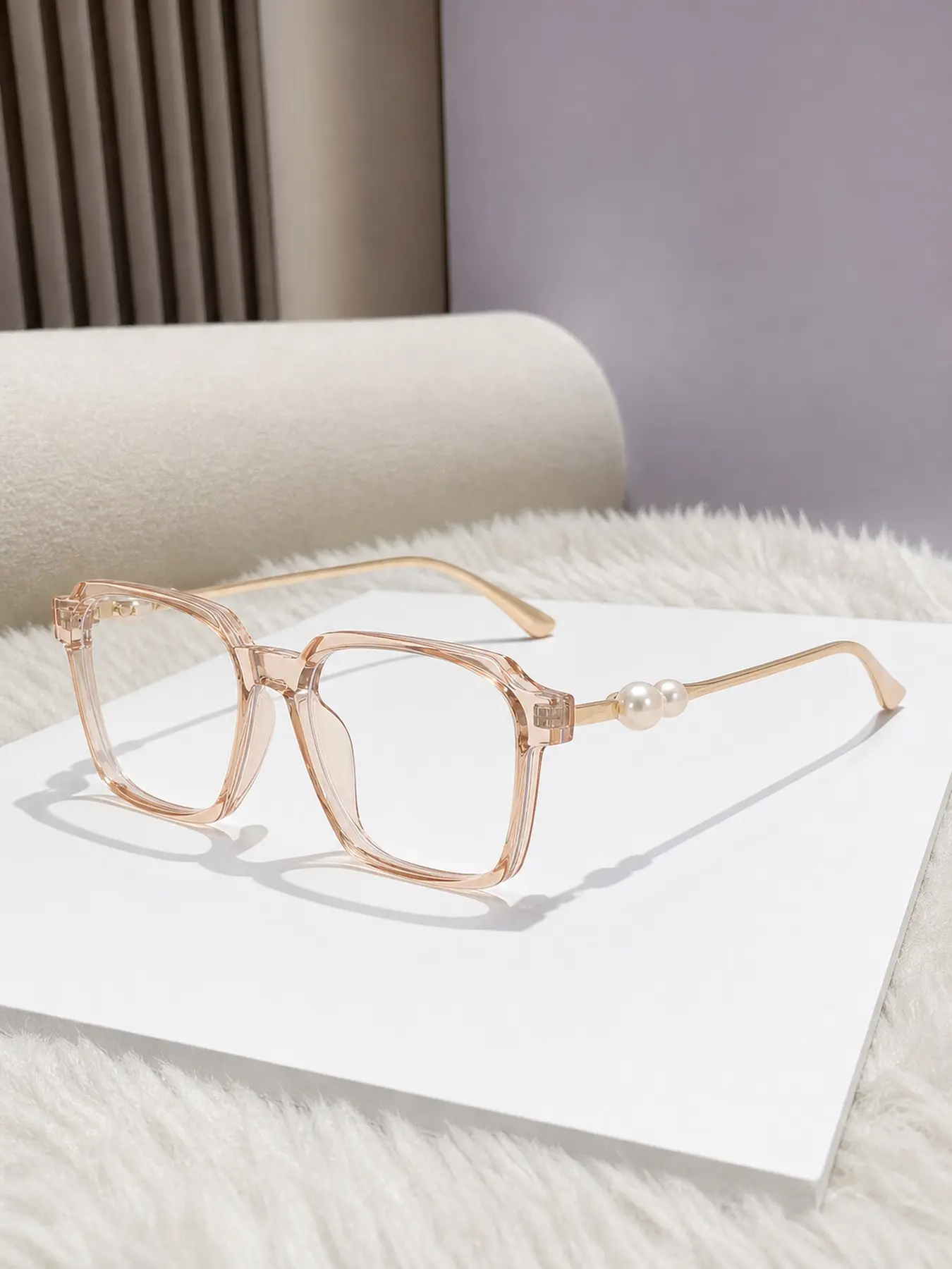 Women's Square Blue Light Blocking Glasses, Pearl Decorated Metal Temple, Elegant Plain Style, All Seasons Fashion Eyewear, Square Eyeglasses