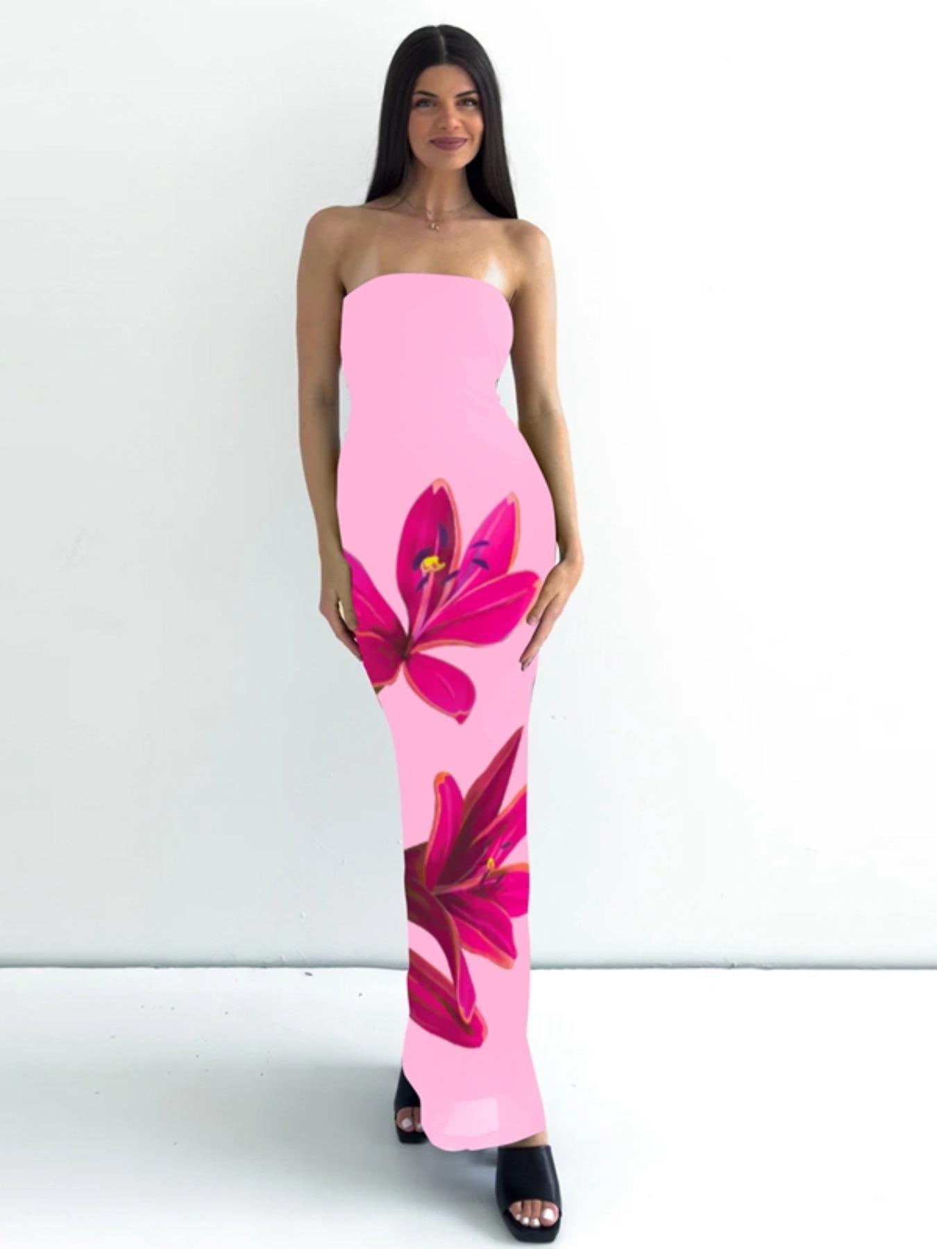 Women's Floral Print Backless Bodycon Mesh Tube Dress, Elegant Chic Strapless Tie Back Dress for Party Club Dating Wear, Ladies Summer Clothes