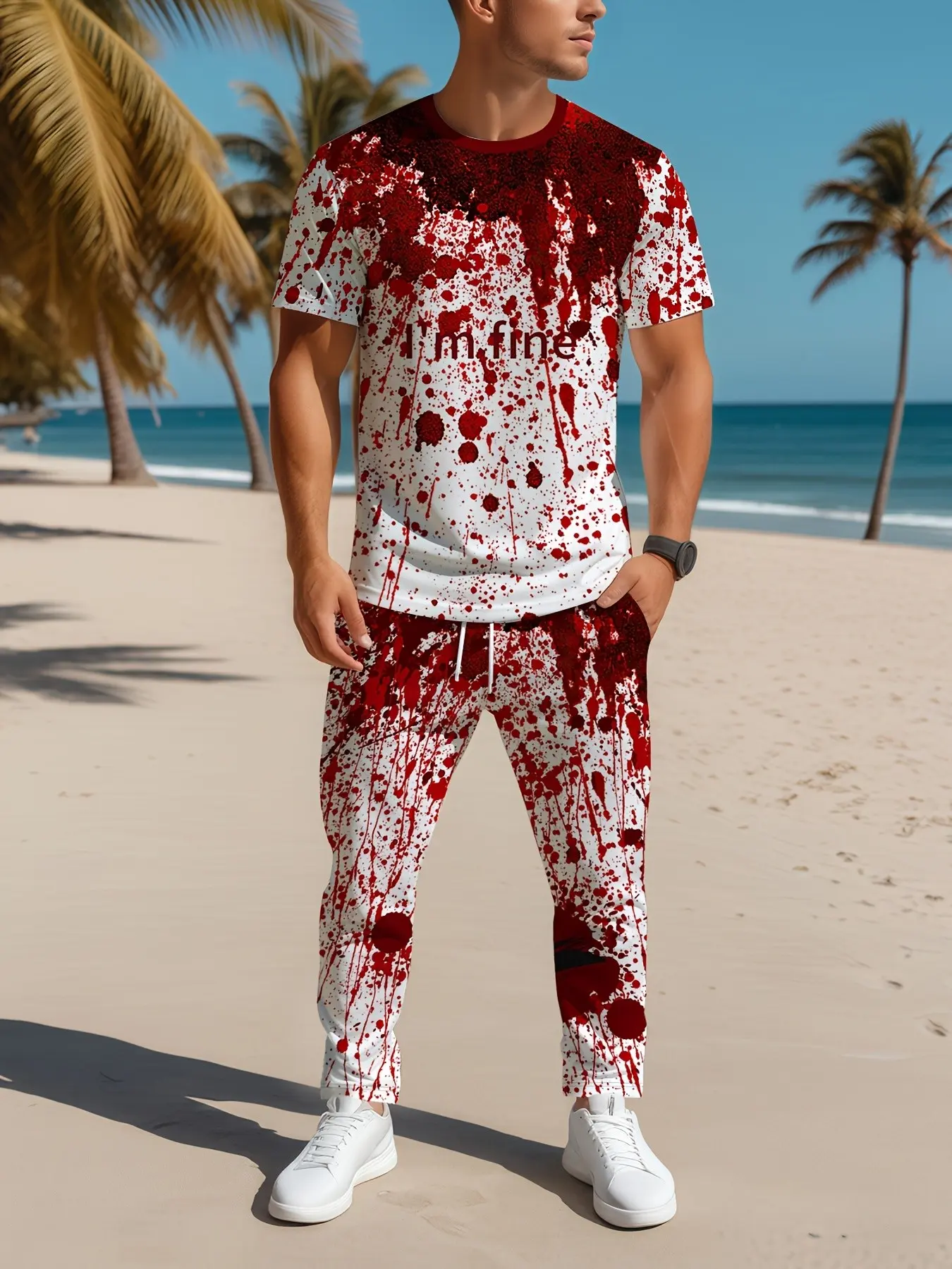 Men 2 Piece Blood Splatter Print Outfit Short Sleeve T-Shirt Matching Drawstring Jogger Pants Set Funny Horror Streetwear Tracksuit