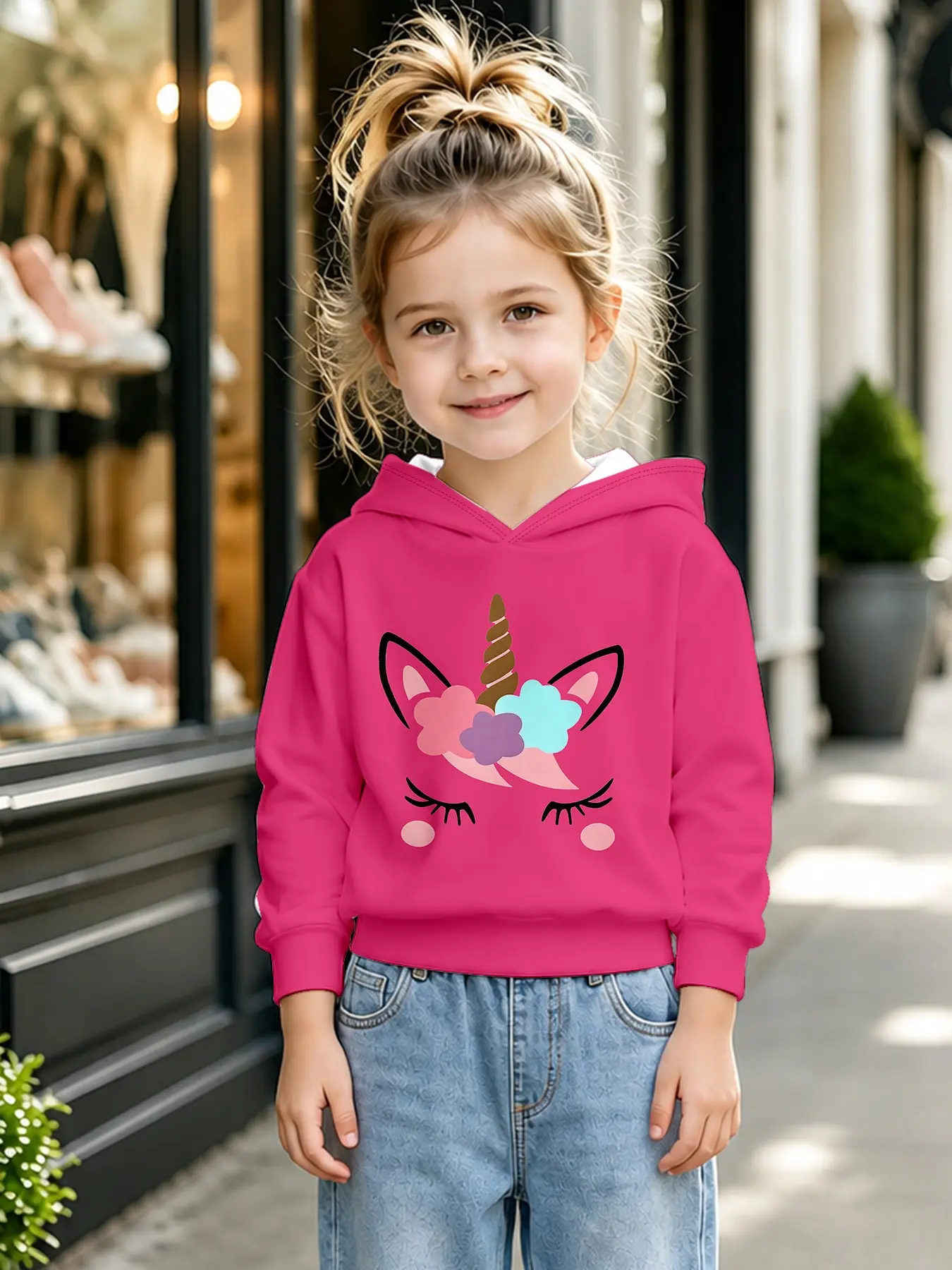 Girls' Flower Unicorn 3D Print Hooded Sweatshirt, Soft Fabric, Long Sleeve, Winter Wear, Perfect for Outdoor, Parties, Gifts