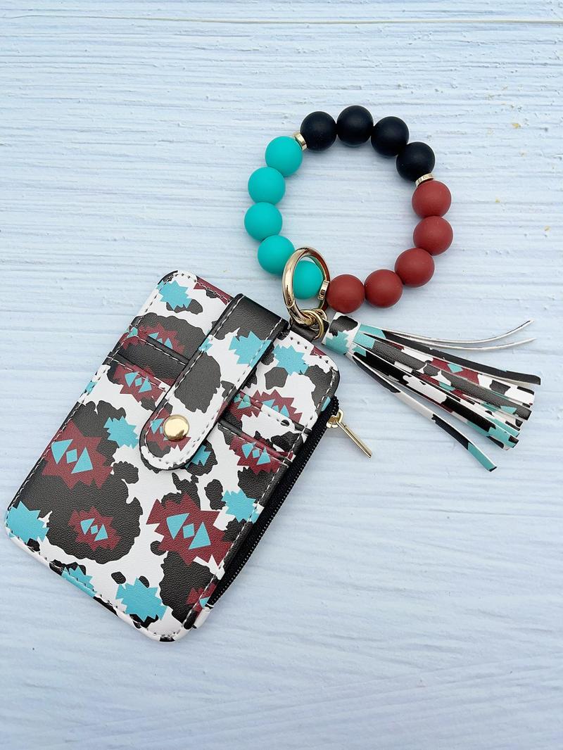 Fashion Leopard & Floral Pattern Beaded Wristlet Keychain, Boho Style Tassel Decorated Wallet Keychain for Women & Girls, Casual Trendy Accessories for Daily Use, Keychain Wristlet Strap