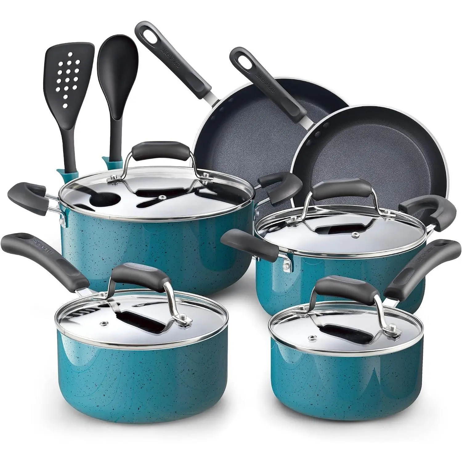Professioal Pots ad Pas ostick ware Set, Kitche ig Set with Fryig Pas ad Saucepas, Iductio Compatible, 12-, Turquoise