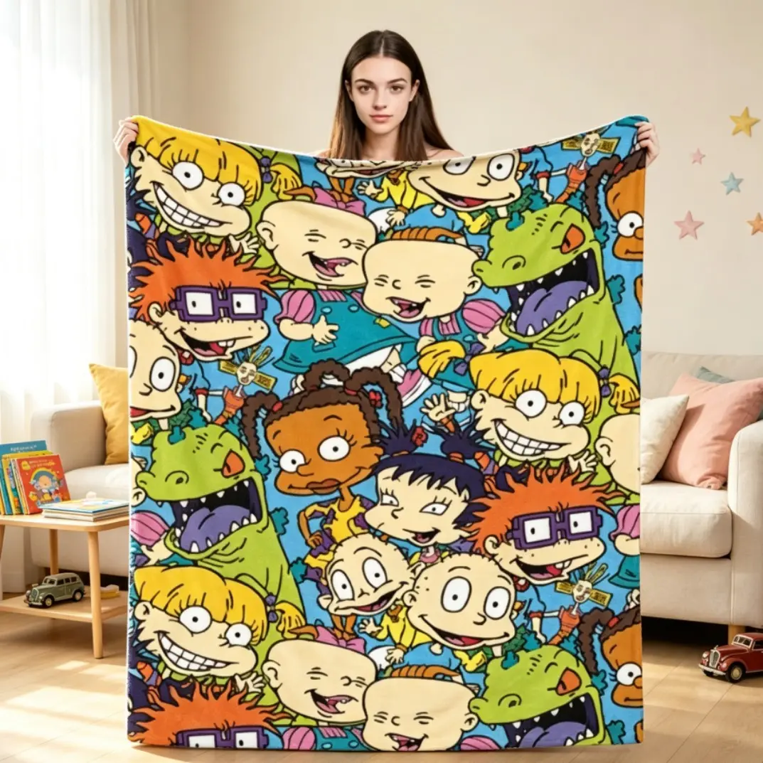Rugrats 90s Revival Character Flannel Blanket, Ultra Soft Cozy Warm Nickelodeon Nostalgic Throw Blanket, Cartoon Print Blanket for Bedroom Couch Sofa Home Decor, Perfect Birthday Christmas Gift for Cartoon Fans Kids & Adults