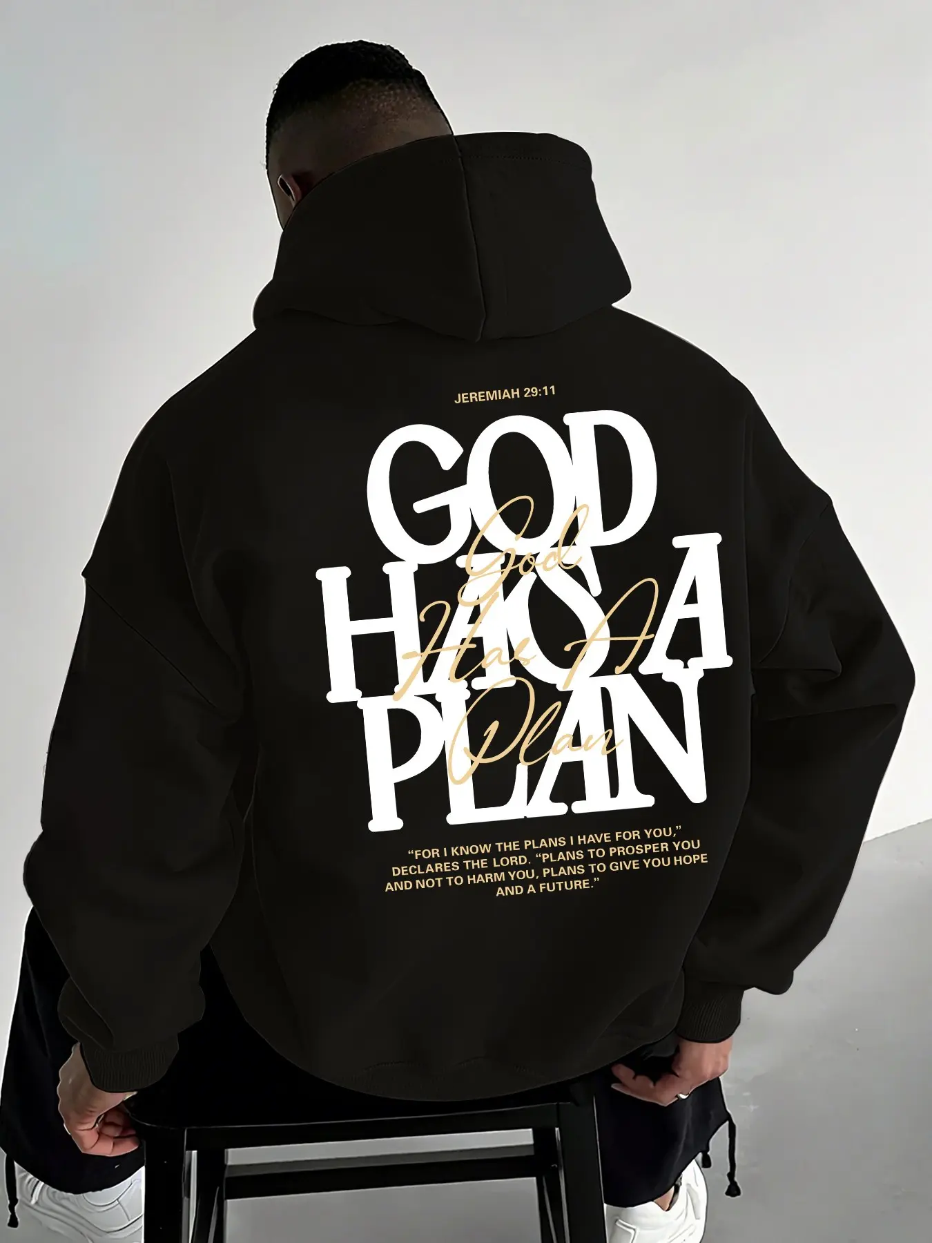 Oversized Drawstring Pocket Graphic Print Hoodie, Chest & Back Dual God Has A Plan Bible Verse Letter Print Loose Christian Religious Casual Streetwear Sweatshirt #FaithHoodie #ChristianStreetwear #ReligiousLetterTop #DualPrintHoodie #TikTokMadeMeBuyIt