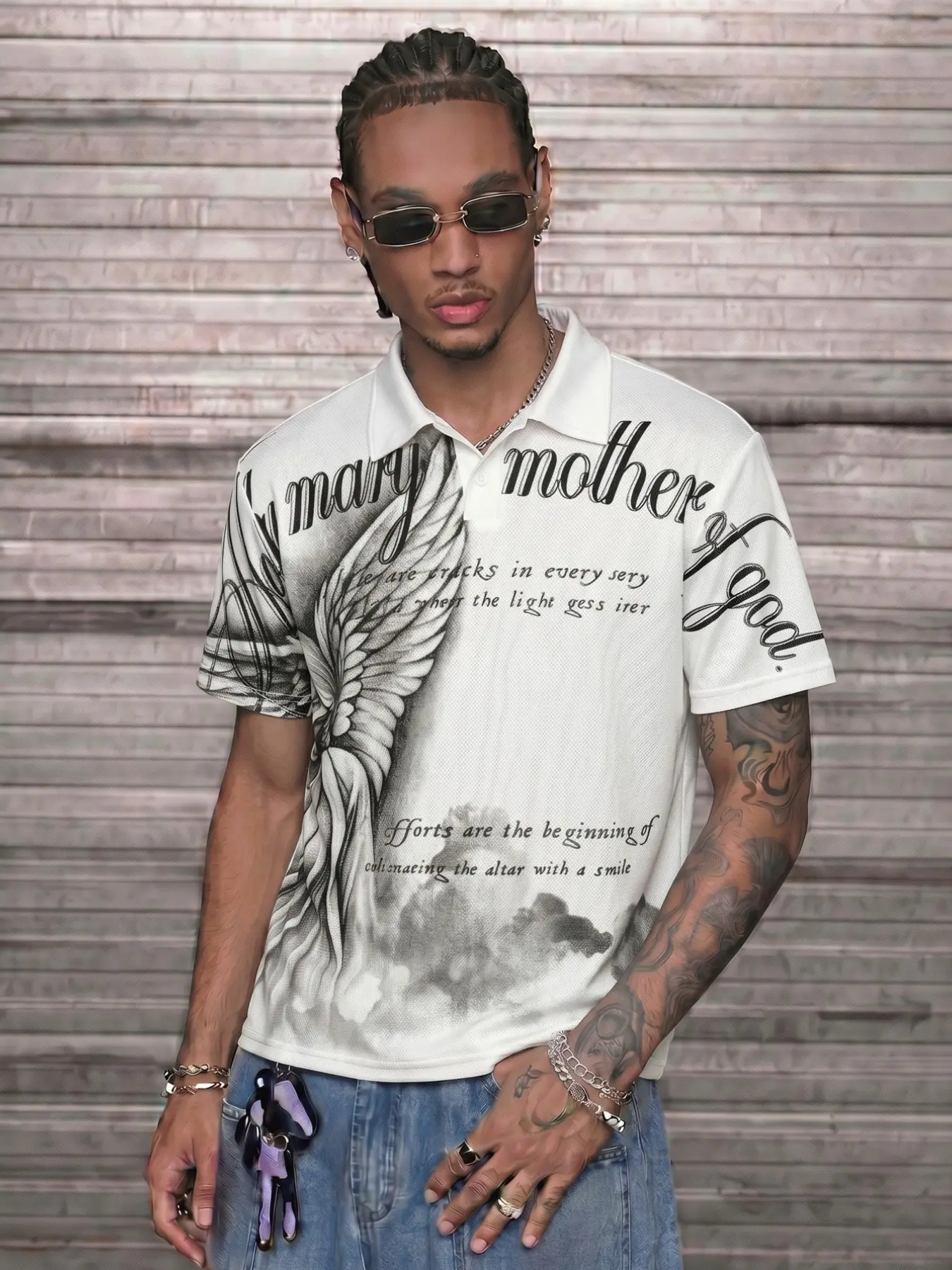 Men's Angel Wing Gothic Script Print Mesh Polo Shirt, Streetwear Button Lapel Short Sleeve Top, Vintage Religious Chicano Tattoo Aesthetic & Quick Dry Mesh Fabric, All-Match Daily Streetwear Casual Polo for Men