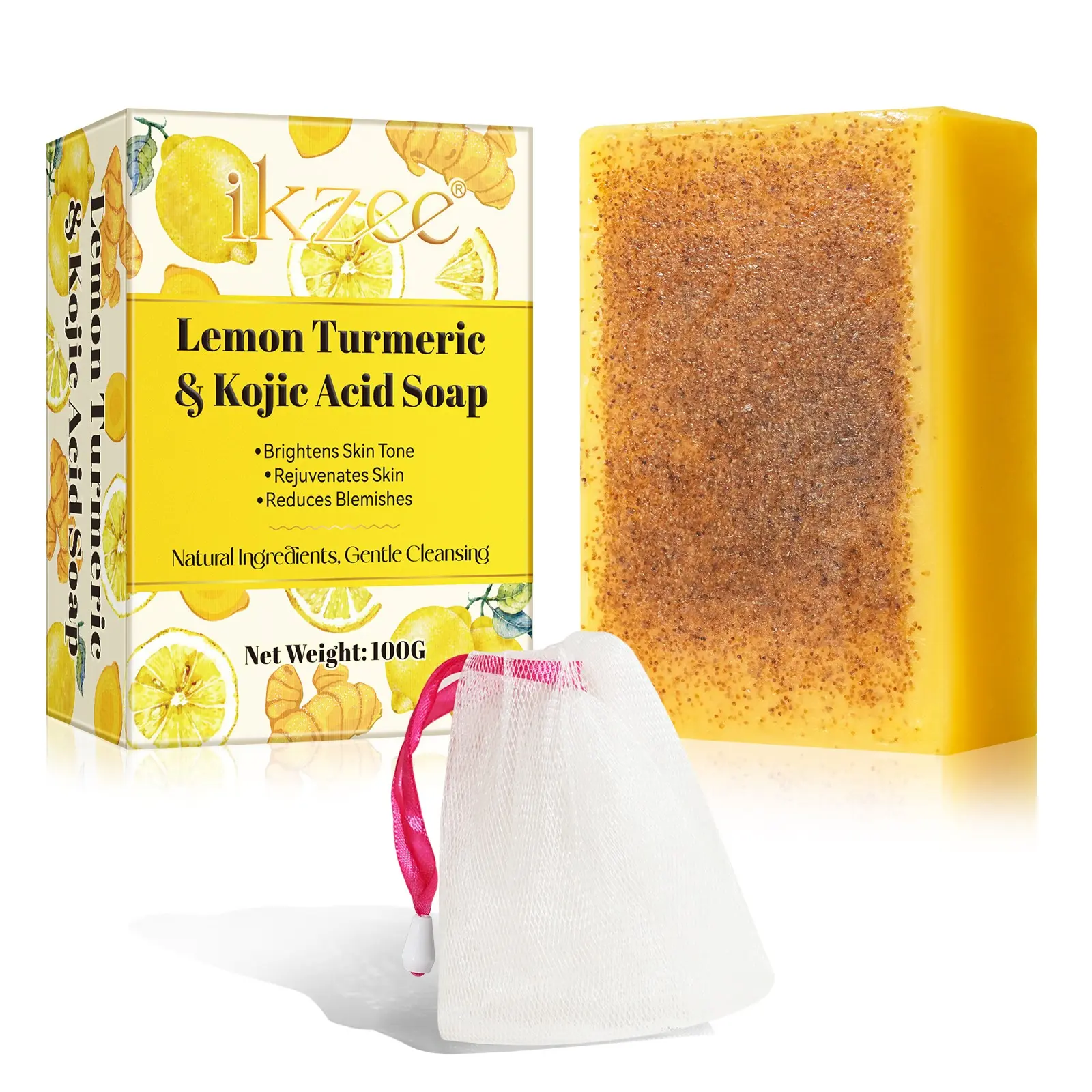 Turmeric & Kojic Handmade Soap, Bar Soap, with Lather Bag, Cold Processed Facial & Body Soap, Natural Brightening, Improves Dark Spots & Uneven Skin Tone, Infused with Turmeric + Kojic Acid + Hyaluronic Acid + Collagen