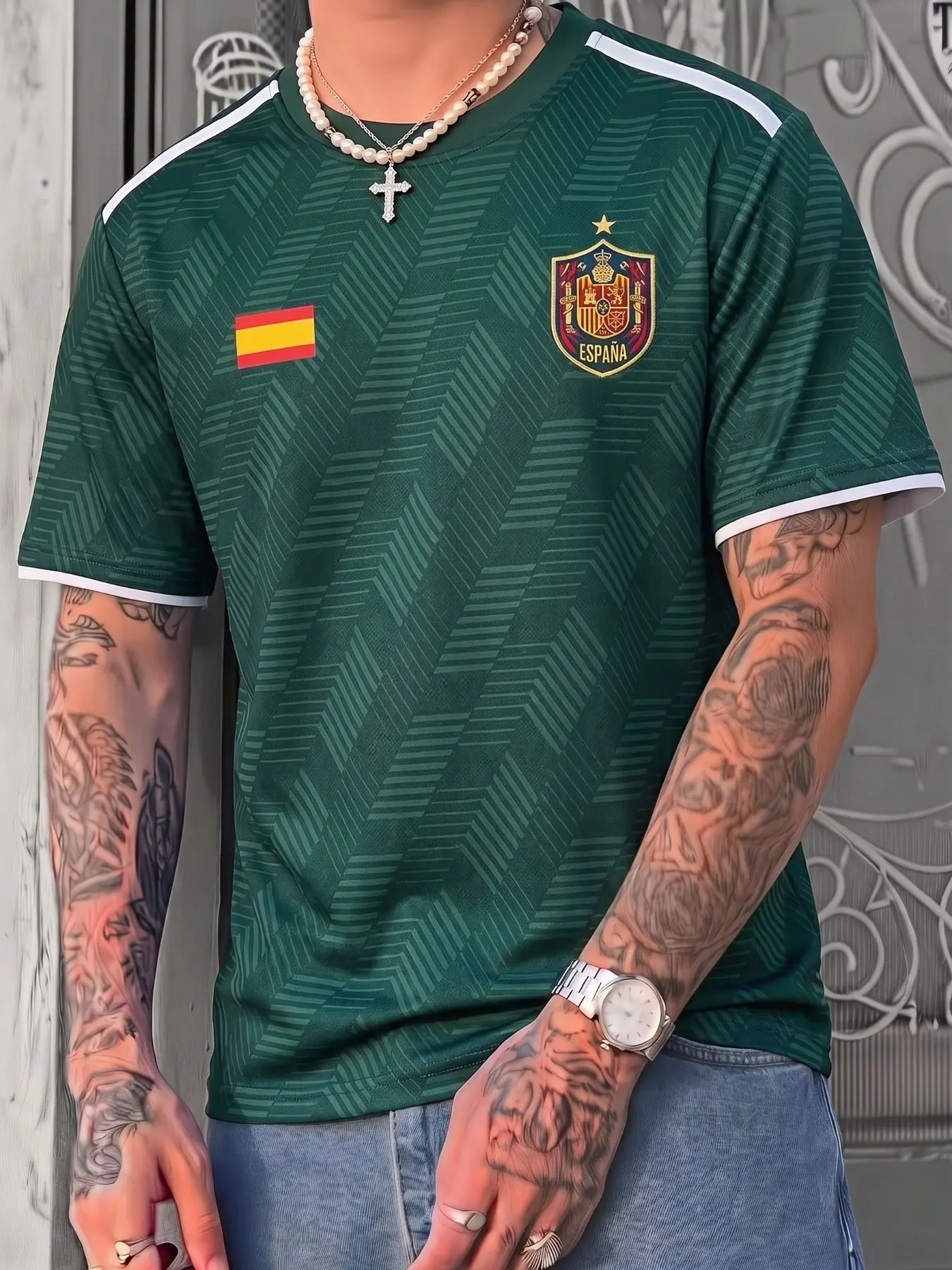 Polyester Men's Spain National Soccer Jersey, Crew Neck Short Sleeve Football Tee, Dark Green Chevron Subtle Print With Spain Flag & ESPANA Crest Badge, Loose Vintage Sports Top For Match Day Summer Street Outfits
