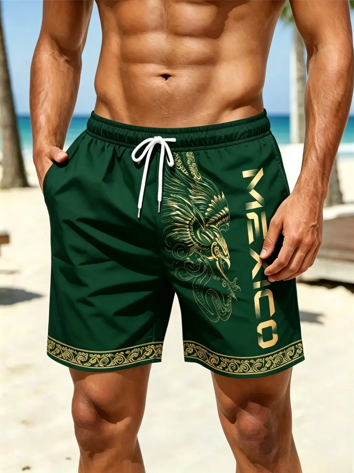 Men's Aztec Eagle Print Drawstring Gym Shorts, Casual Loose-Fit Graphic Pants, All-Season Athletic Wear, Essential Men's Fashion, Fashionable Summer Shorts, Loose Sporty Shorts