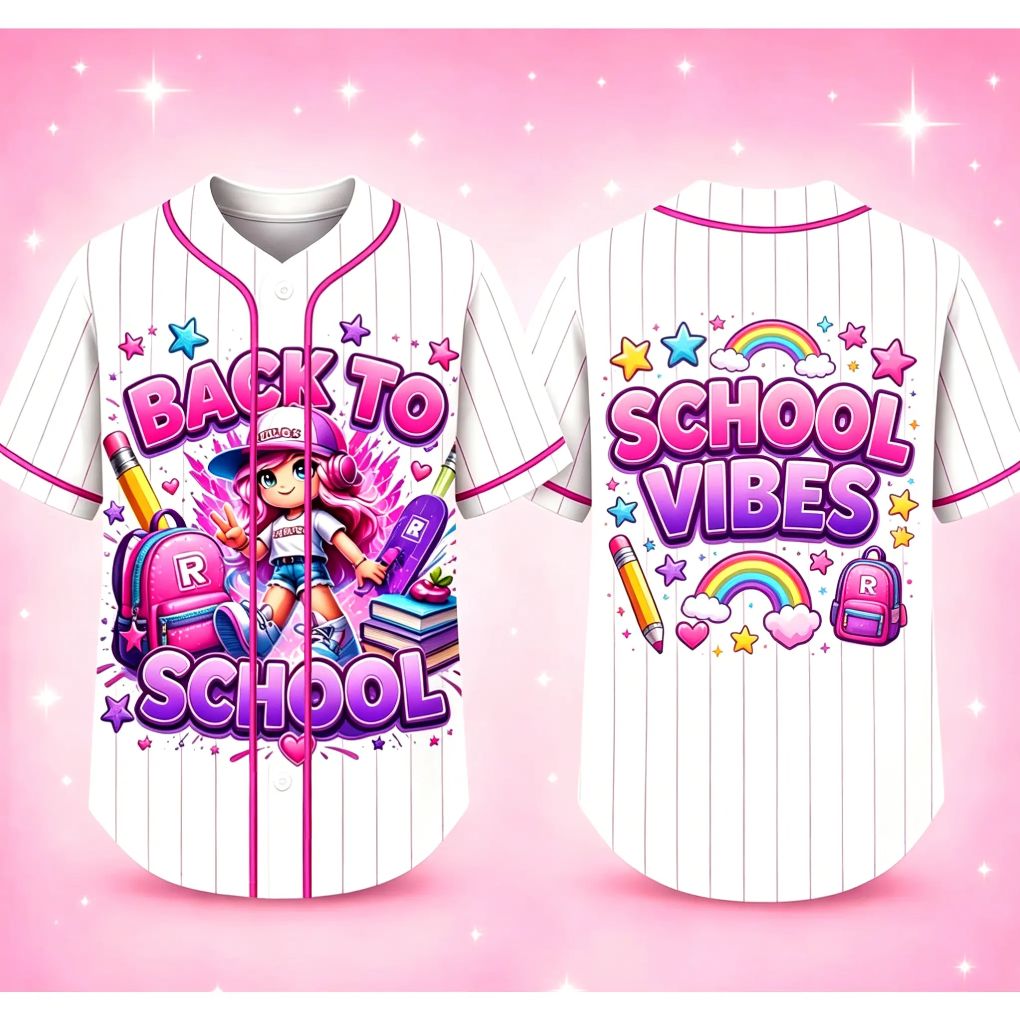 Gamer First Day Of School Baseball Jersey, Super Cute Back To School Vibes Pinstripe Baseball Jersey, Kawaii Cartoon Girl Rainbow Backpack Print Button Up Short Sleeve Uniform #   TikTokMadeMeBuyIt #   TikTokShop #   Funny Shirt #   BACK TO SCHOOL #   SCH