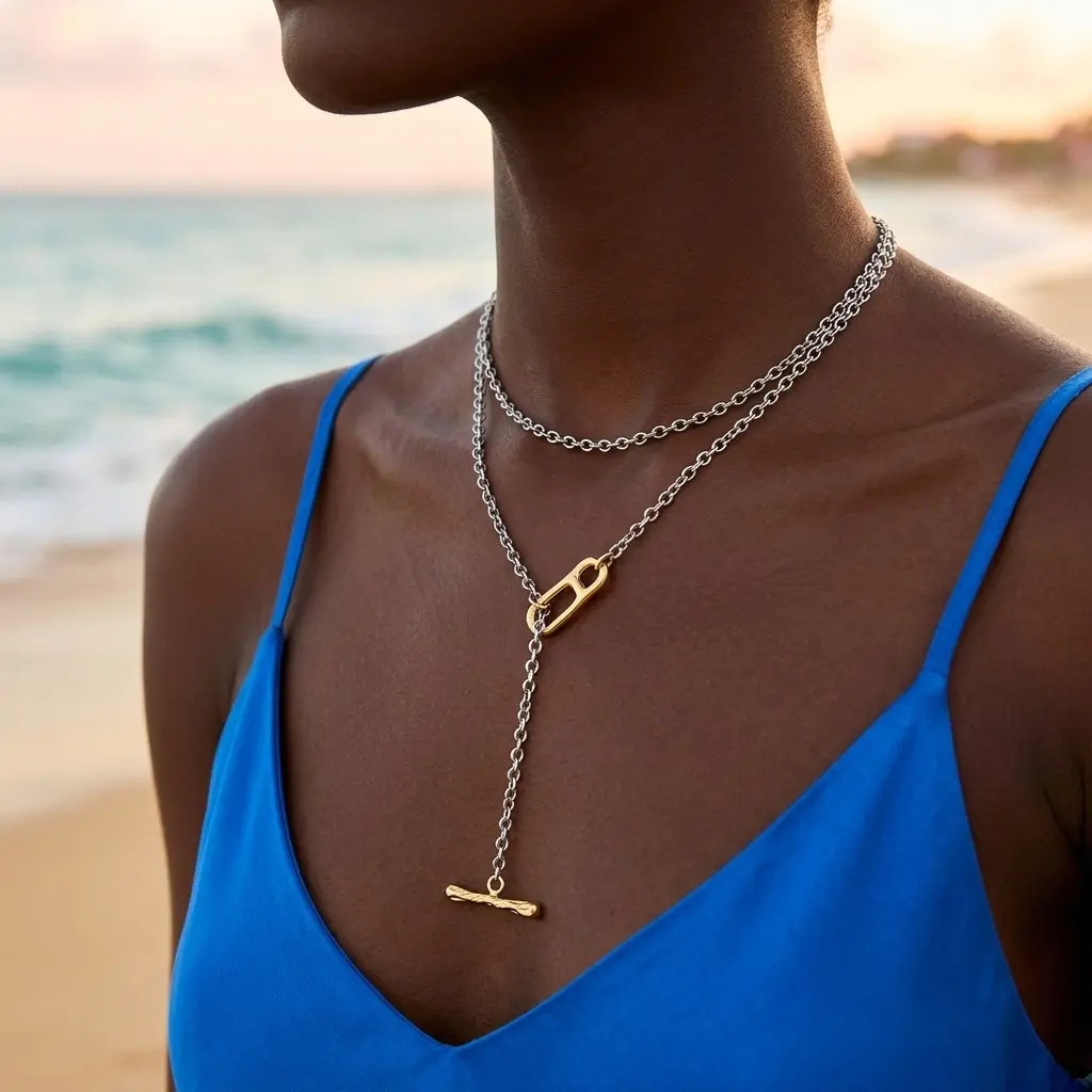 Women's Stainless Steel Layered Toggle Y-Drop Necklace - 80cm, 2-Tone or Gold-Tone Irregular Link Costume Jewelry Statement Piece
