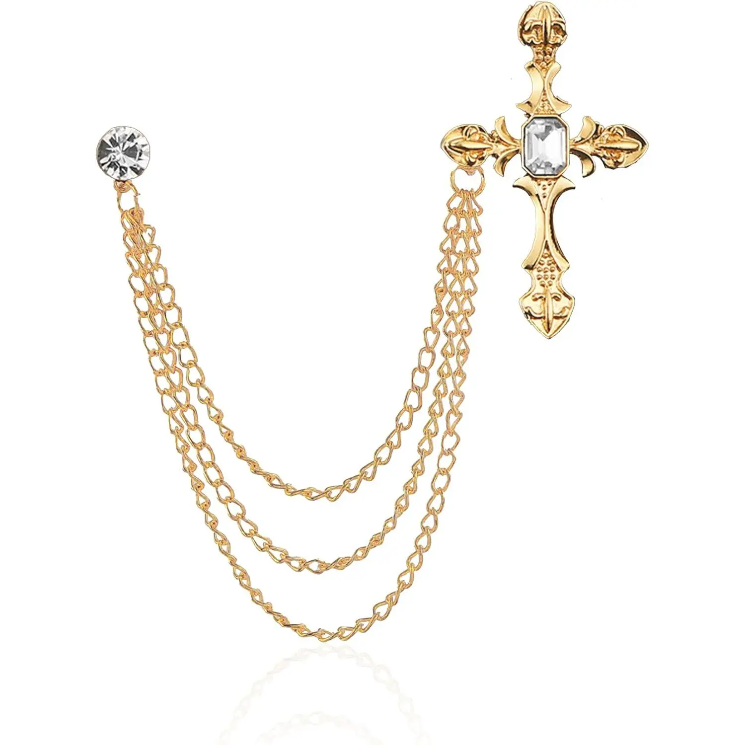 Cross Gold Silver Men'S Brooch Suit Pin with Gem Rhinestone Buckle Brooches Chain tassel Lapel Collar Pins Shirt Decoration Metal Tie Clips Brooch Pins Women Coat Pin with Gift (Gold)