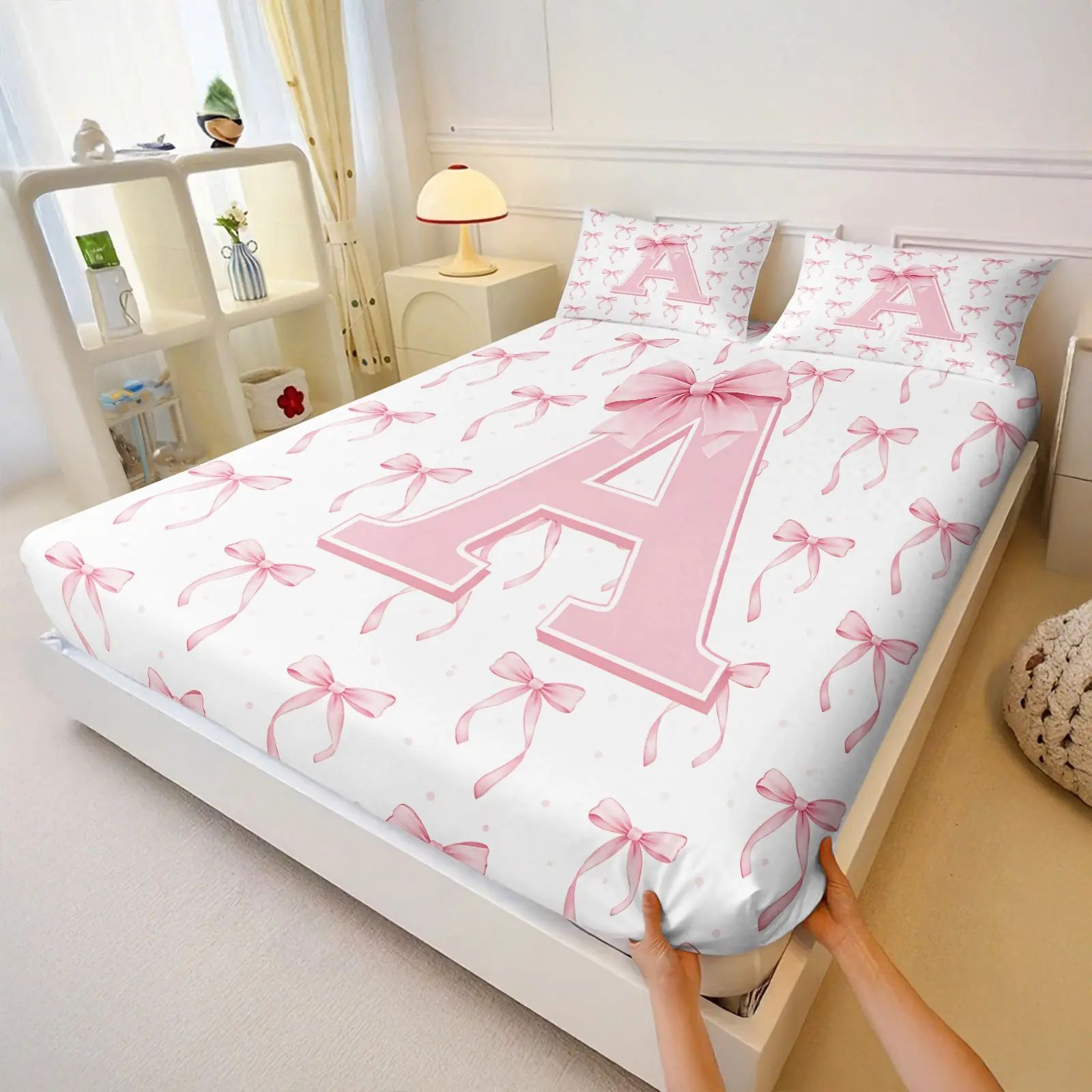 Personalized Initial J Fitted Bedsheet Set, 1 Fitted Sheet + 2 Pillowcases, Pink Bow Print Coquette Bedding, Theme Bedding Set, All-Season Soft Comfortable Bed Cover, Thoughtful Gift for Birthday, Perfect for Girls Bedroom, Dorm & Apartment Decor