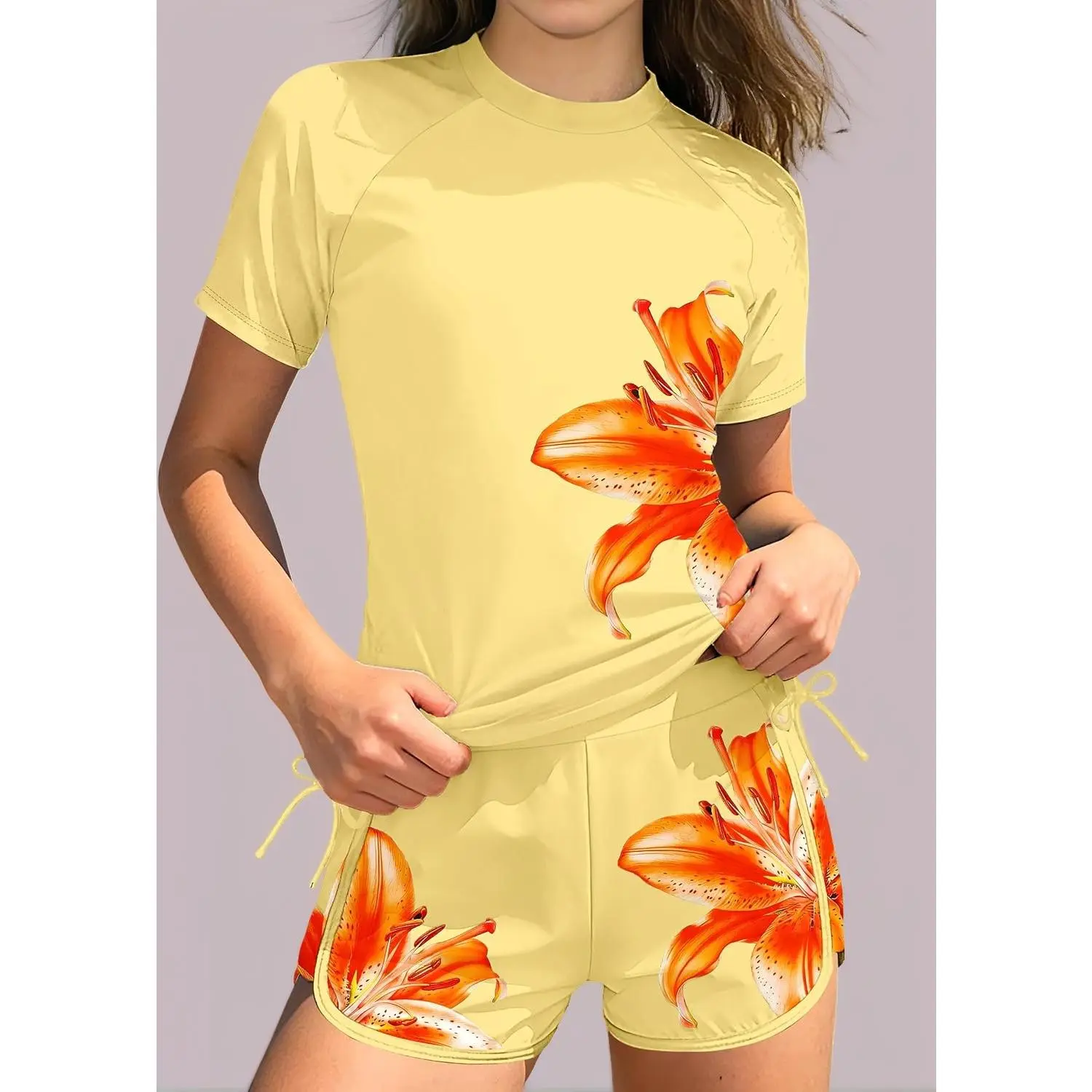 Girls' 2-Piece Swimsuit, Short-Sleeve Rash Guard with Floral Print, Ruched Detail, UPF 50+ Swimwear for Ages 9-16