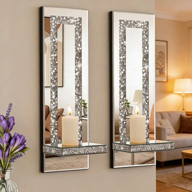 Nordic Wall Hanging Storage Mirror, Diamond Glass Organizer with Candlestick, Modern Luxury Wall Decor for Home, Living Room, Bedroom, Entryway, Home Decor Mirrors