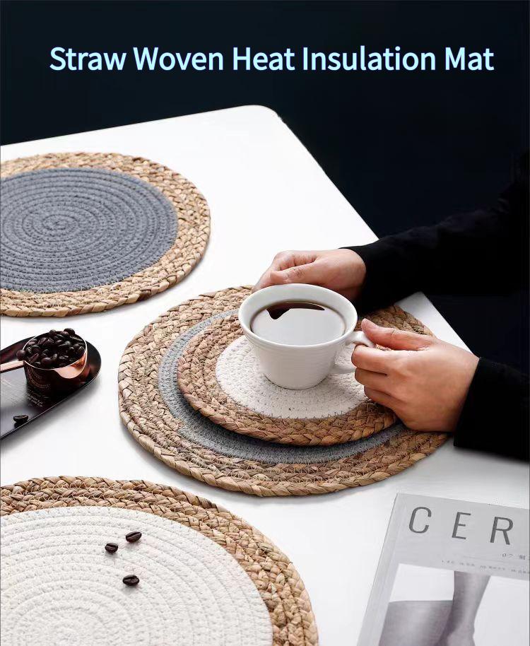 Warm-toned natural grass woven placemats, cotton rope heat-insulating placemats, decorative forest-themed coasters and plate mats