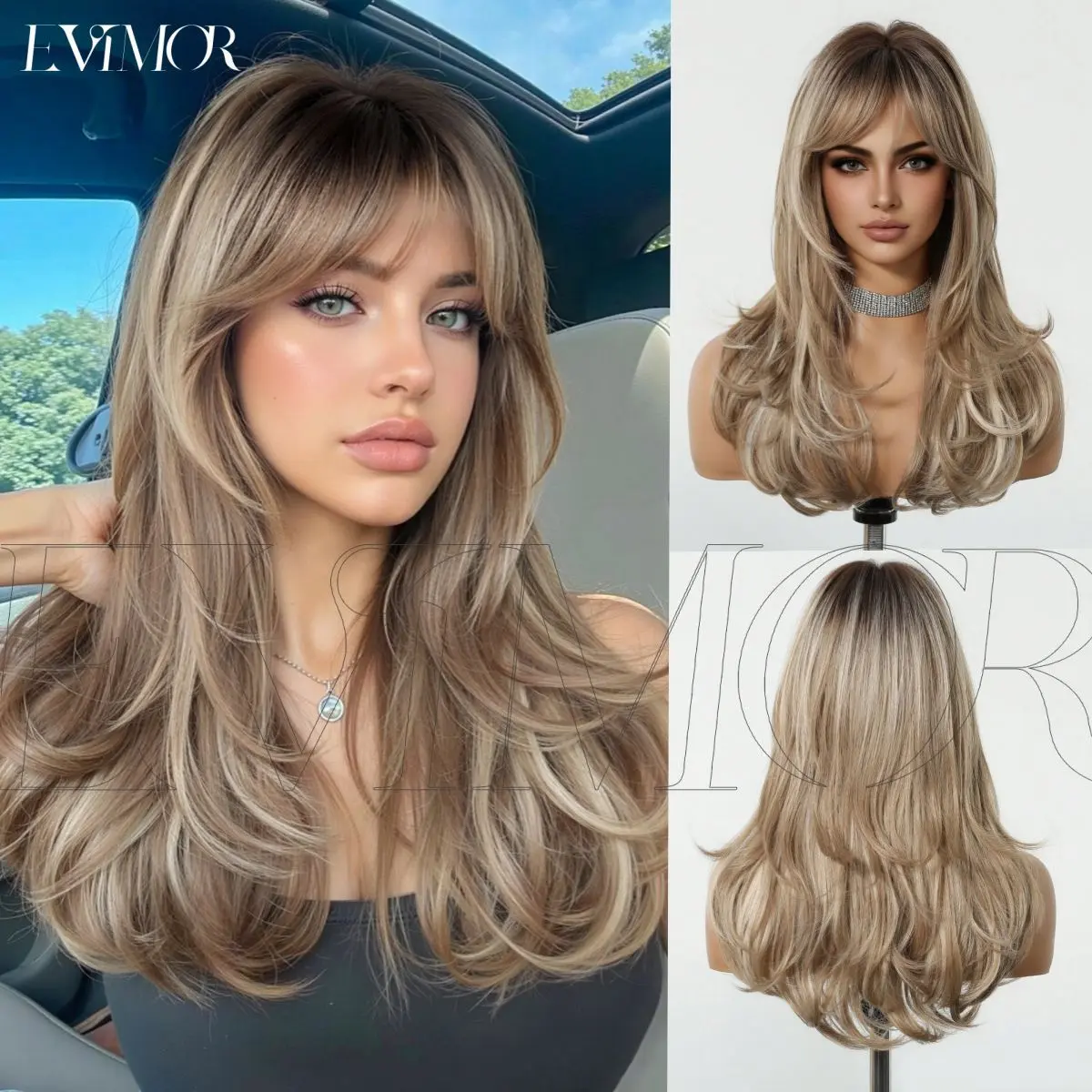 Long Loose Wavy Full Wig with Curtain Bangs for European American Women, Lazy Flowy Aesthetic Heat Resistant Synthetic Hairpiece, Realistic Natural Look Breathable Rose Net Adjustable Cap Full Head Wig for Daily Party Occasions