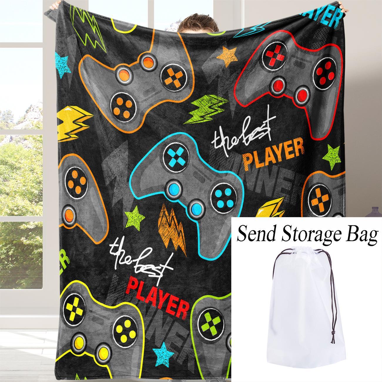 Gamepad Pattern Flannel with Storage Bag, 1 Count Soft Throw Blanket for Sofa, Bed, Couch, Warm & Comfortable Blanket for Home, Travel, Camping, Office, Flannel Throw Blankets