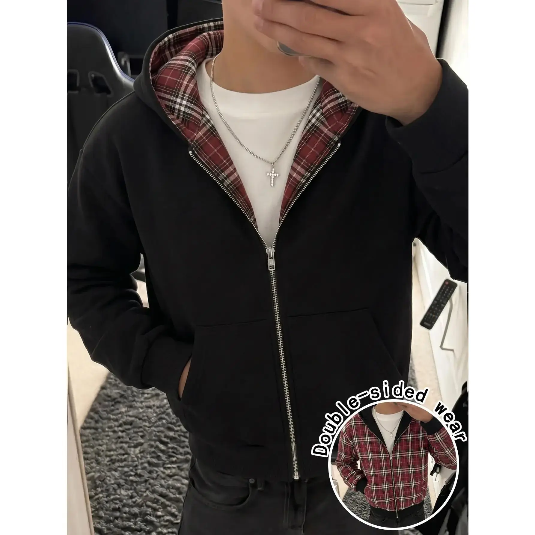YYT1 Men’s cotton zip up hooded jacket with plaid lining, reversible wear (front/back), loose long sleeves, casual style with pockets