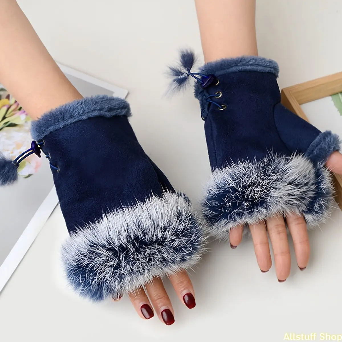 1 Pair Women's Warm Fingerless Gloves with Pom-Poms - Burgundy Velvet Lace-Up Design, Fluffy White Trim, Stylish Winter Accessory for Cold Weather
